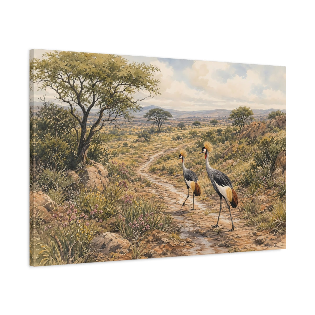 Main Mockup. Birds Crowned Cranes African Savanna Wildlife shown as stretched canvas wall art