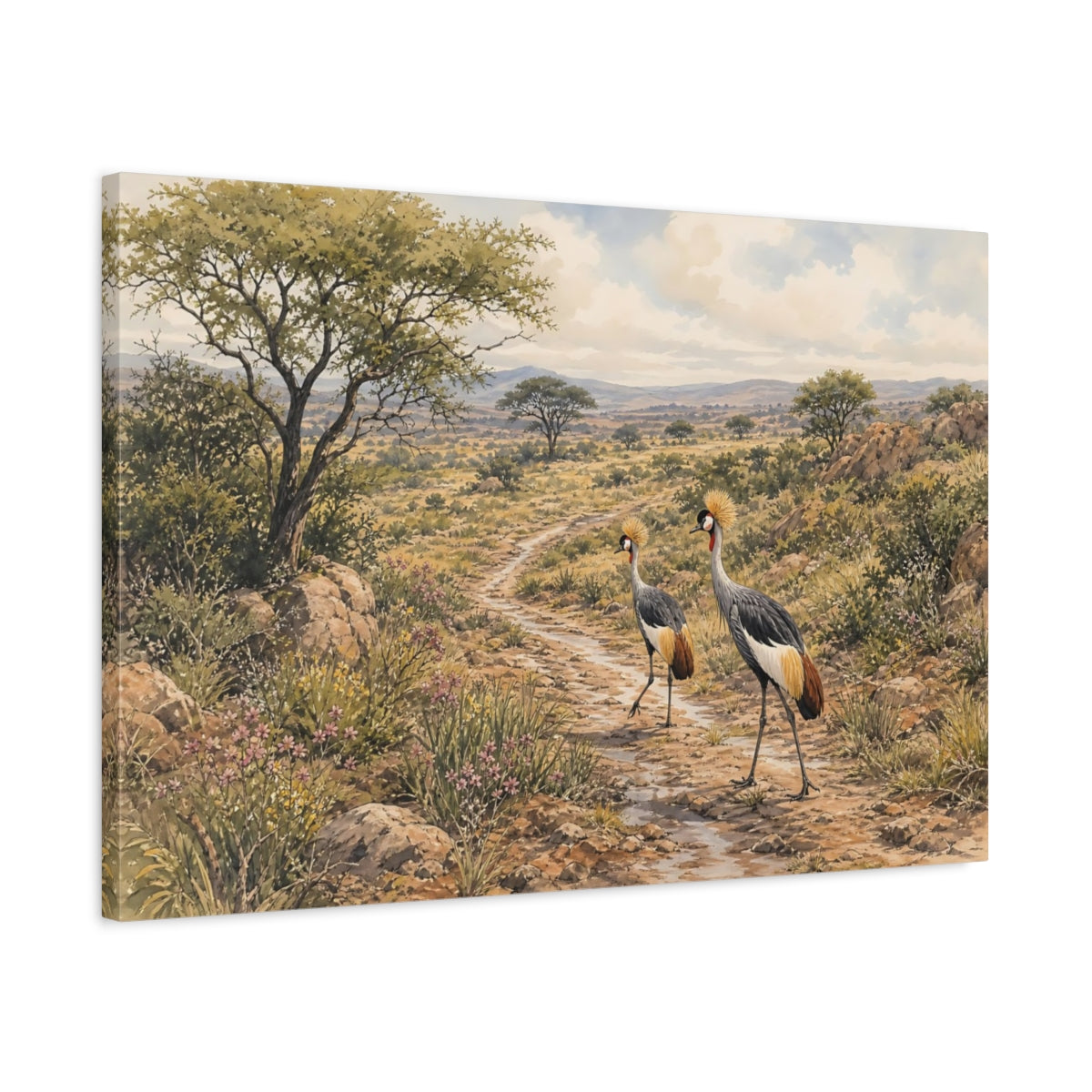 Side Mockup 2. Birds Crowned Cranes African Savanna Wildlife shown as stretched canvas wall art