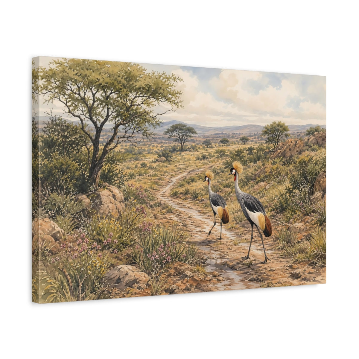 Side Mockup 3. Birds Crowned Cranes African Savanna Wildlife shown as stretched canvas wall art