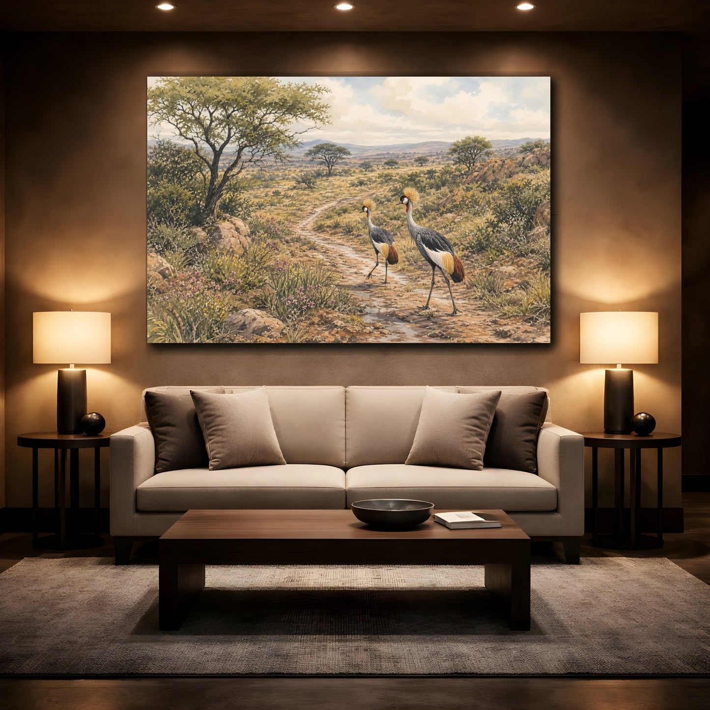 Mockup 2. Birds Crowned Cranes African Savanna Wildlife shown as stretched canvas wall art