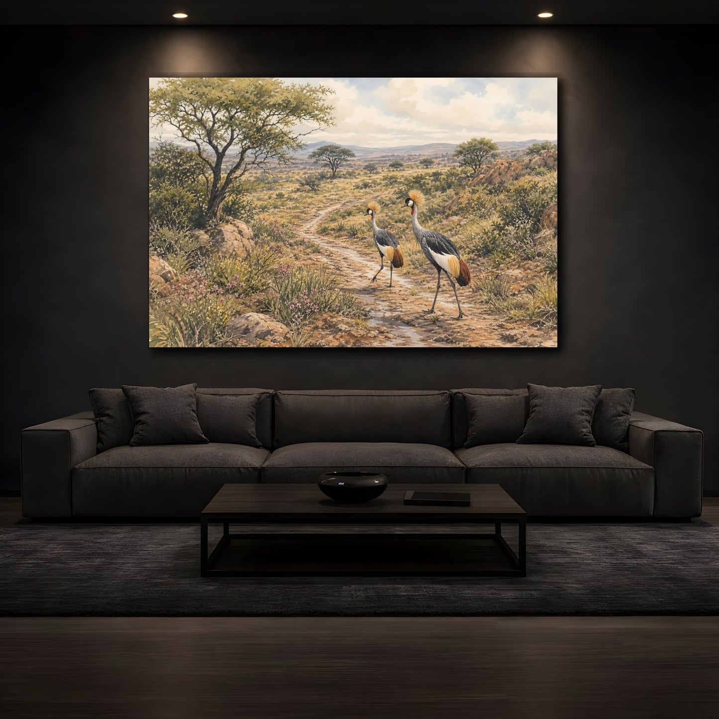 Mockup 3. Birds Crowned Cranes African Savanna Wildlife shown as stretched canvas wall art