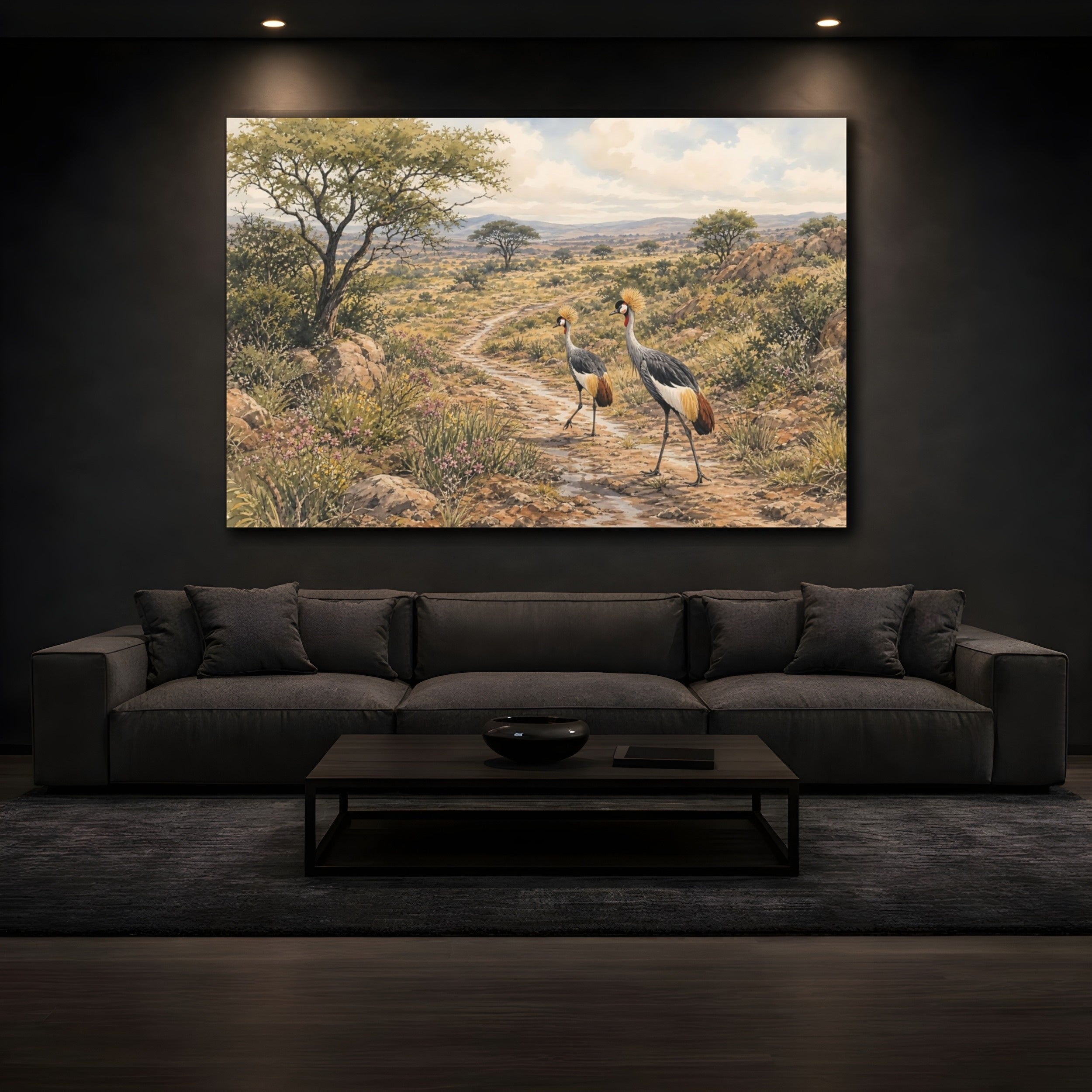 Mockup 3. Birds Crowned Cranes African Savanna Wildlife shown as stretched canvas wall art