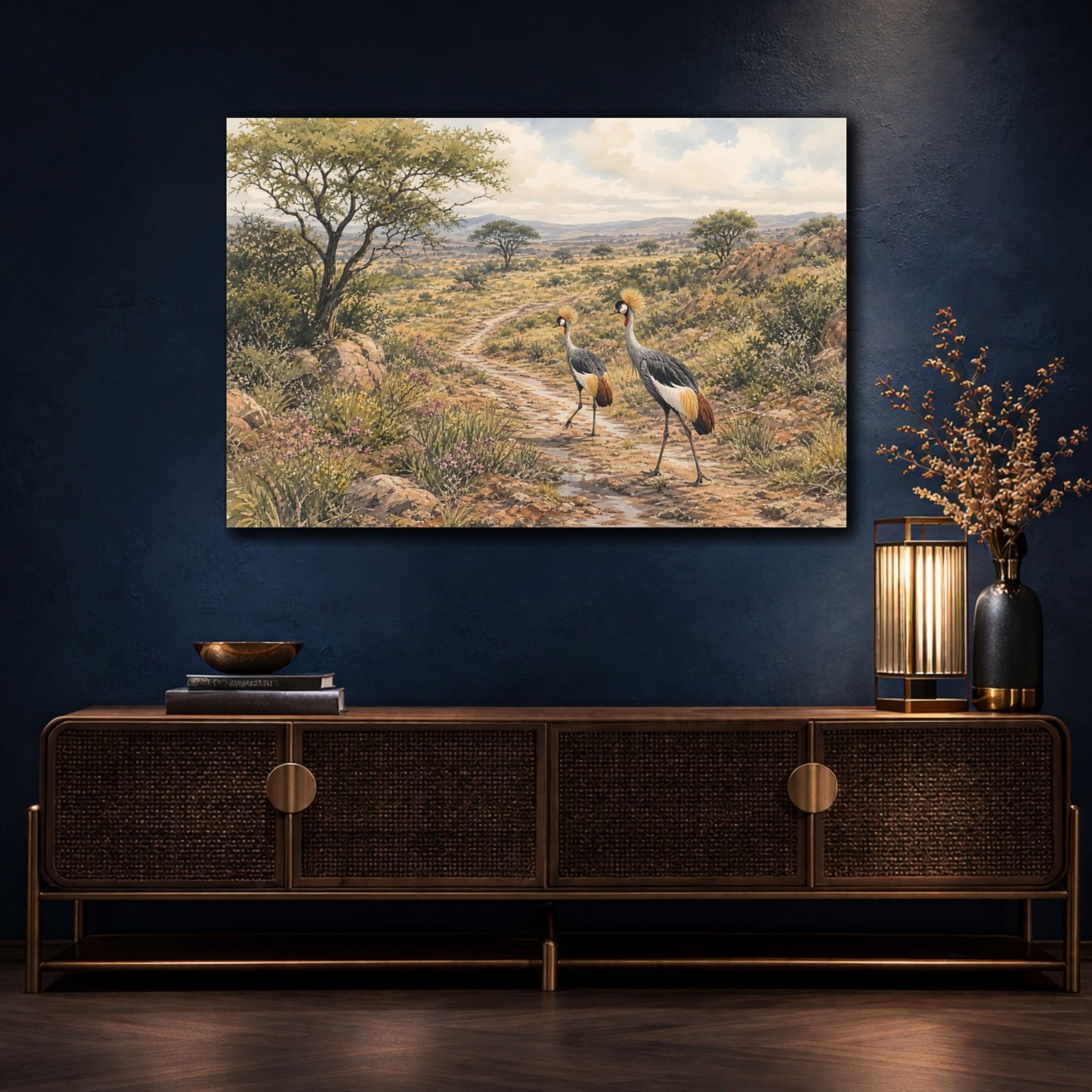 Mockup 4. Birds Crowned Cranes African Savanna Wildlife shown as stretched canvas wall art