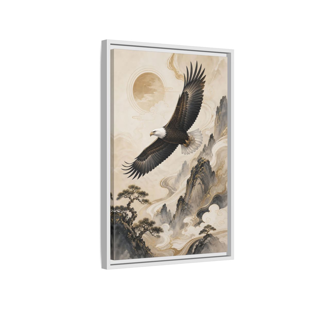 Side Mockup 1. Birds Eagle Brown And Gold shown as stretched canvas wall art