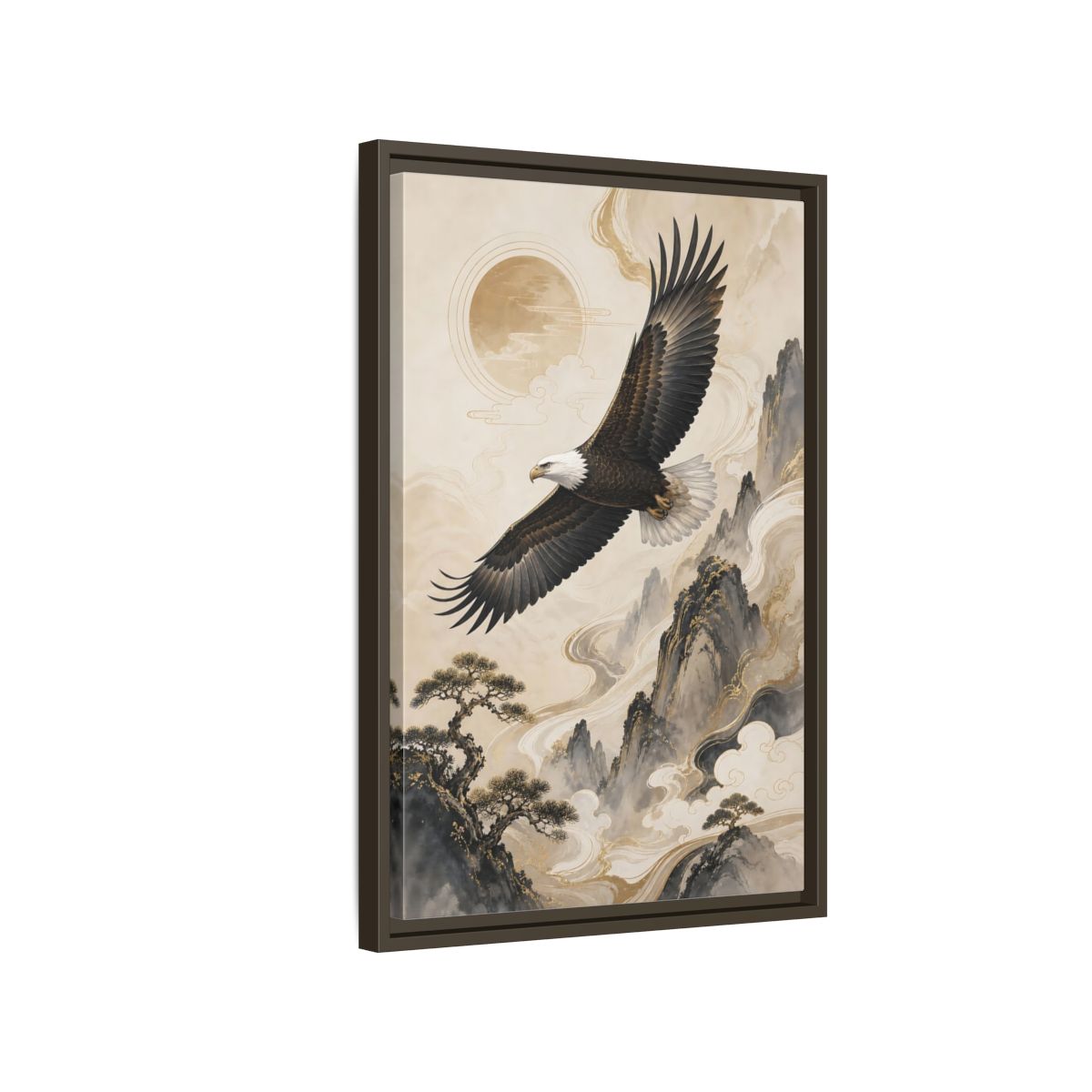Side Mockup 2. Birds Eagle Brown And Gold shown as stretched canvas wall art