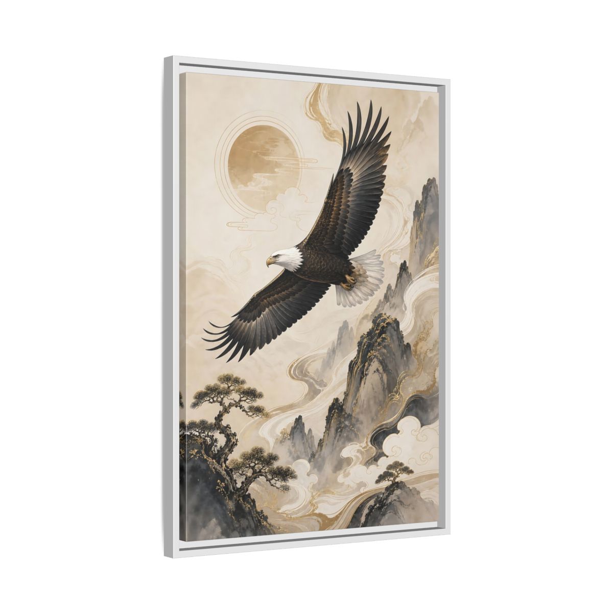 Side Mockup 10. Birds Eagle Brown And Gold shown as stretched canvas wall art