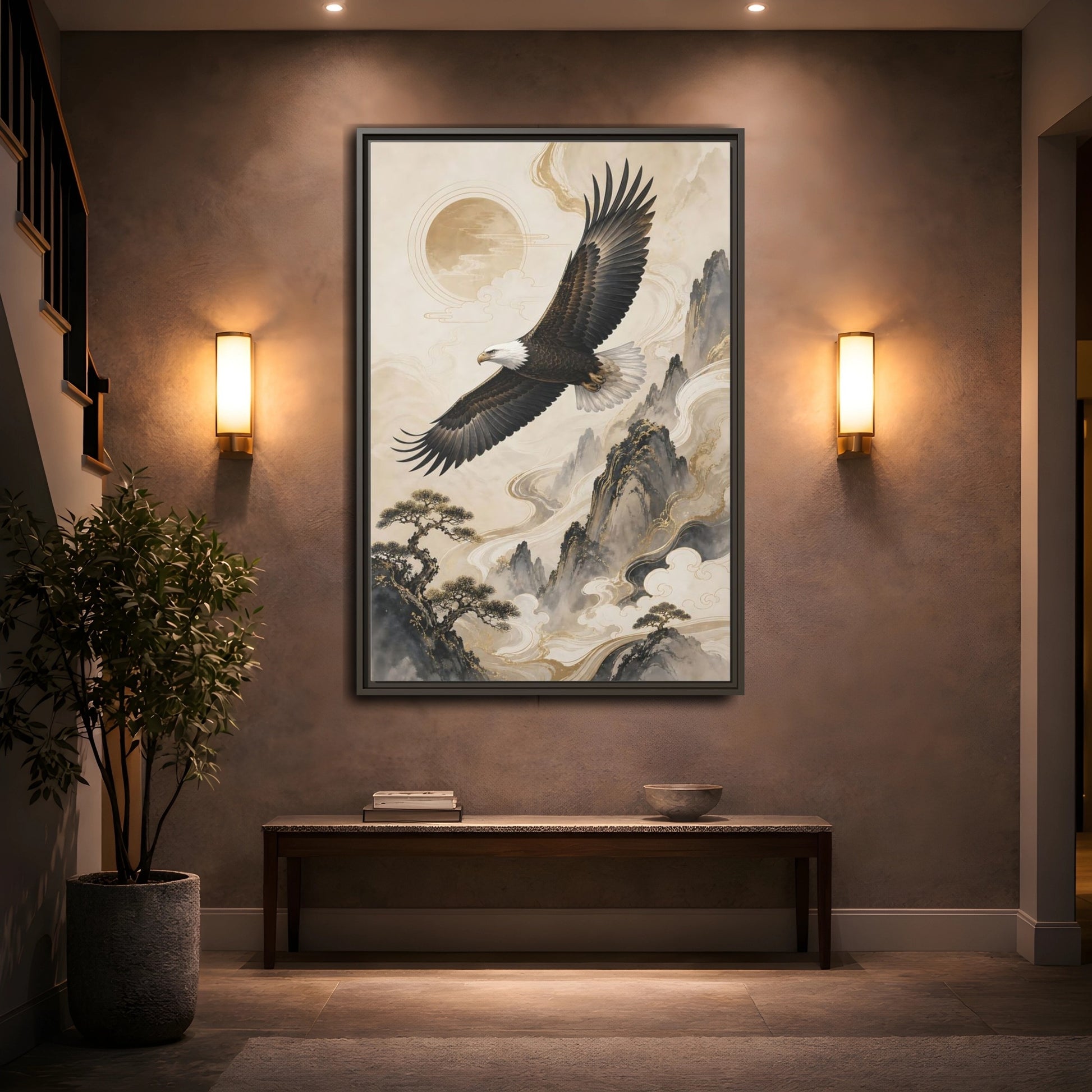 Mockup 2. Birds Eagle Brown And Gold shown as stretched canvas wall art