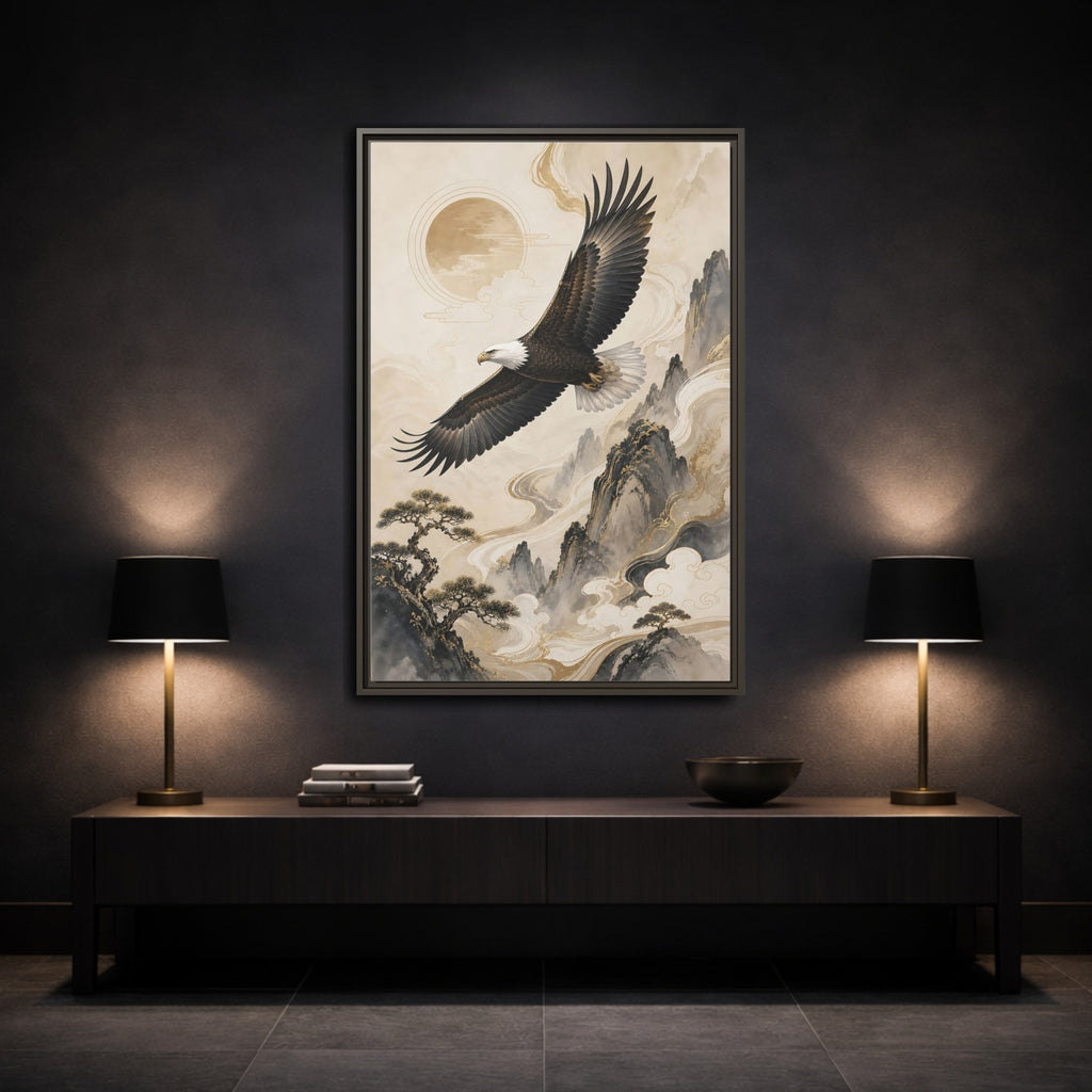 Mockup 3. Birds Eagle Brown And Gold shown as stretched canvas wall art