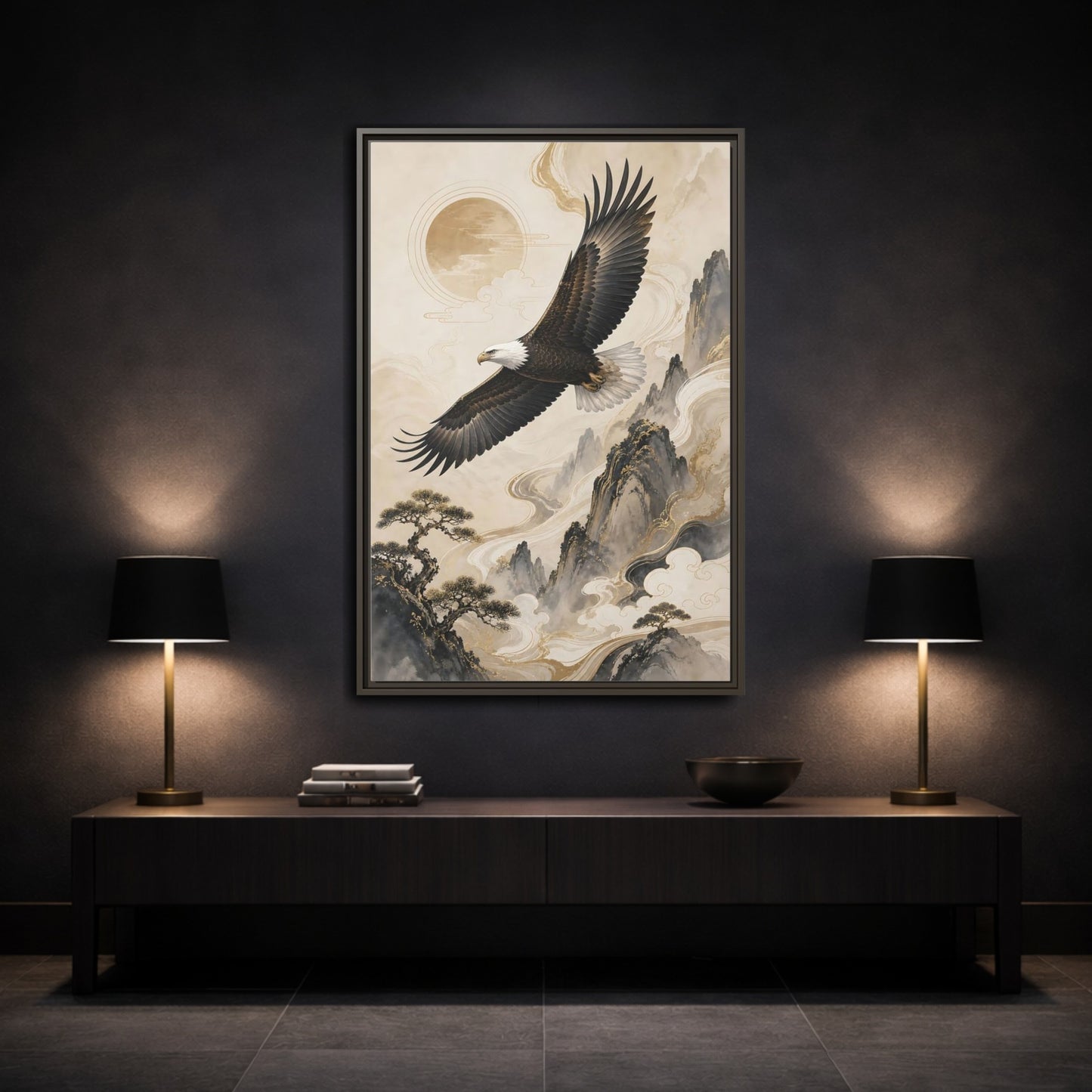 Mockup 3. Birds Eagle Brown And Gold shown as stretched canvas wall art