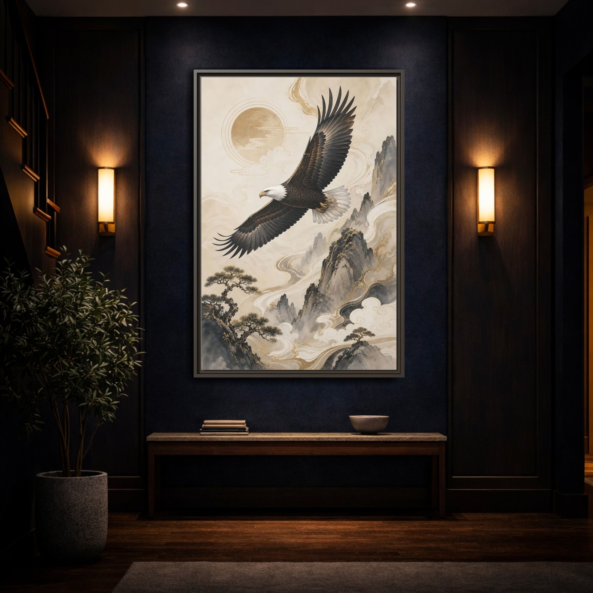 Mockup 4. Birds Eagle Brown And Gold shown as stretched canvas wall art