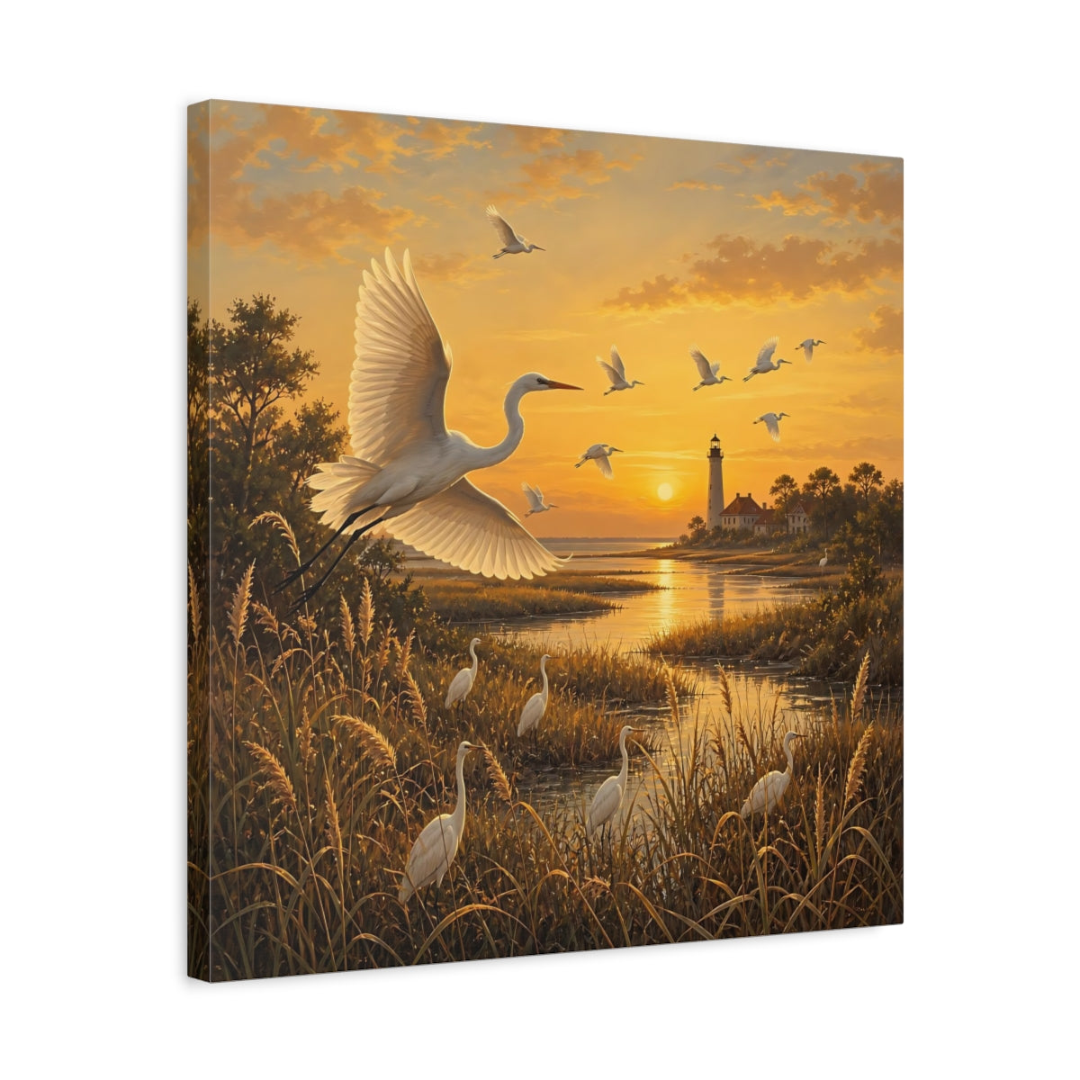 Side Mockup 5. Birds Egrets Egrets At Sunset shown as stretched canvas wall art