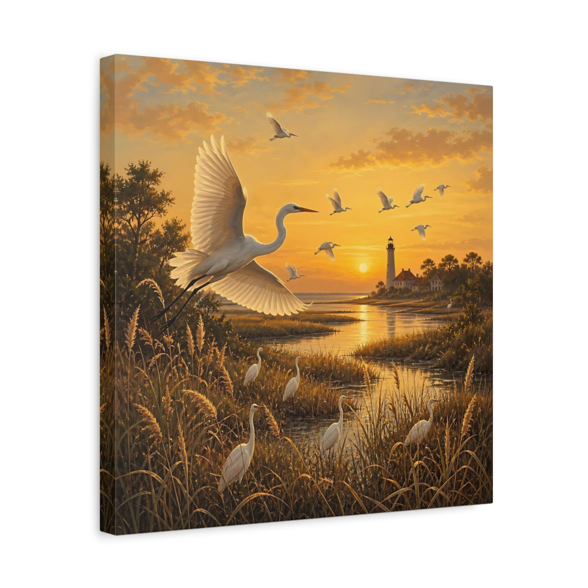 Side Mockup 6. Birds Egrets Egrets At Sunset shown as stretched canvas wall art