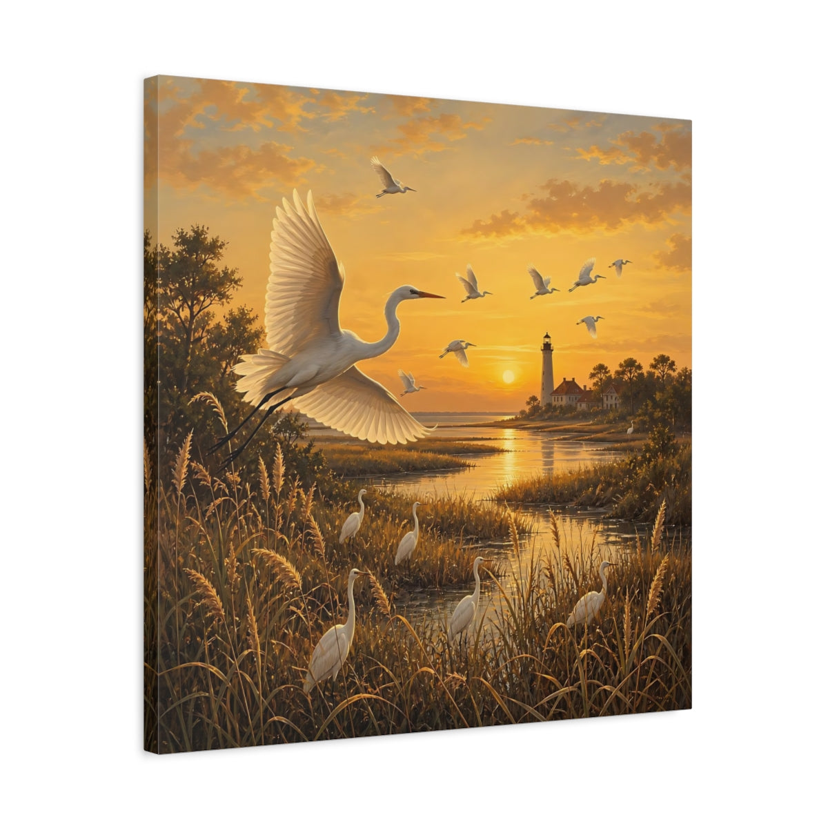 Side Mockup 4. Birds Egrets Egrets At Sunset shown as stretched canvas wall art