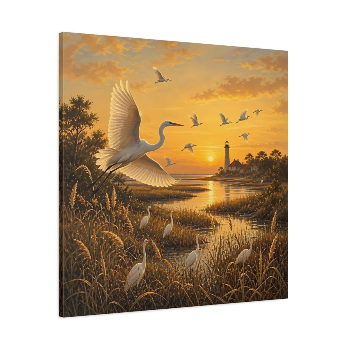 Side Mockup 1. Birds Egrets Egrets At Sunset shown as stretched canvas wall art