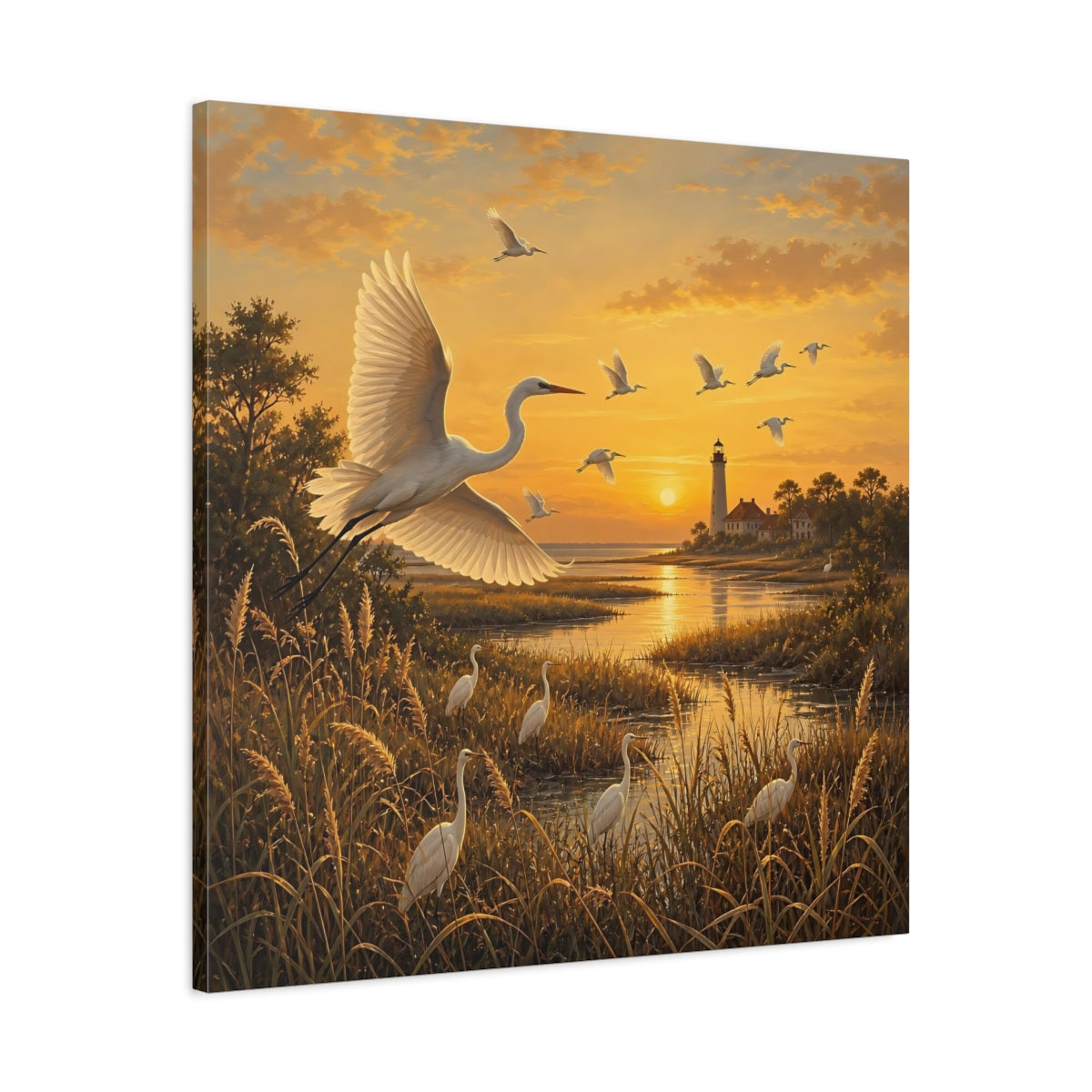Side Mockup 3. Birds Egrets Egrets At Sunset shown as stretched canvas wall art