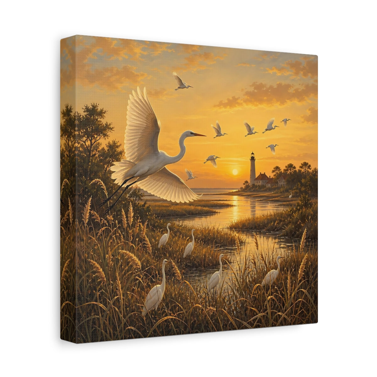 Side Mockup 9. Birds Egrets Egrets At Sunset shown as stretched canvas wall art