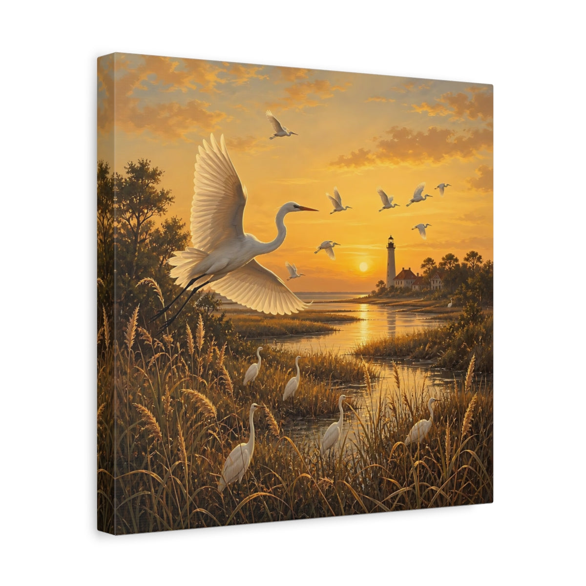 Side Mockup 7. Birds Egrets Egrets At Sunset shown as stretched canvas wall art