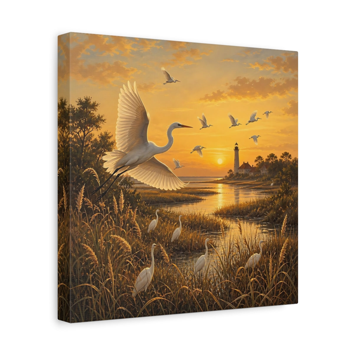 Side Mockup 8. Birds Egrets Egrets At Sunset shown as stretched canvas wall art