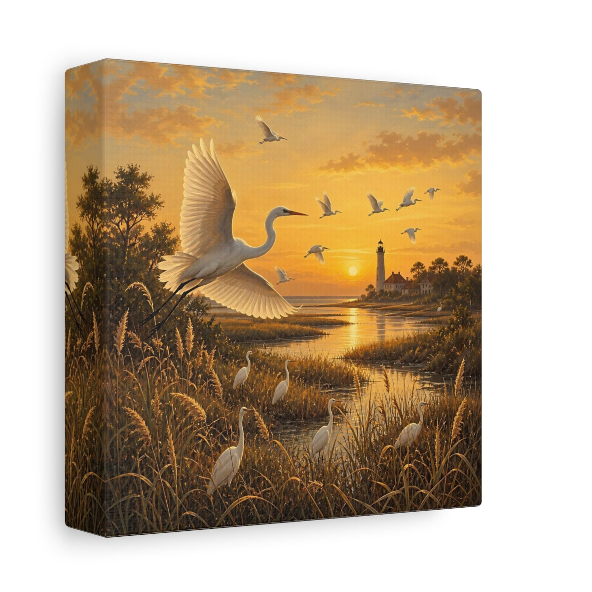 Side Mockup 2. Birds Egrets Egrets At Sunset shown as stretched canvas wall art