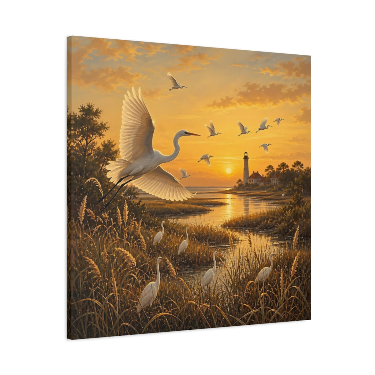 Main Mockup. Birds Egrets Egrets At Sunset shown as stretched canvas wall art