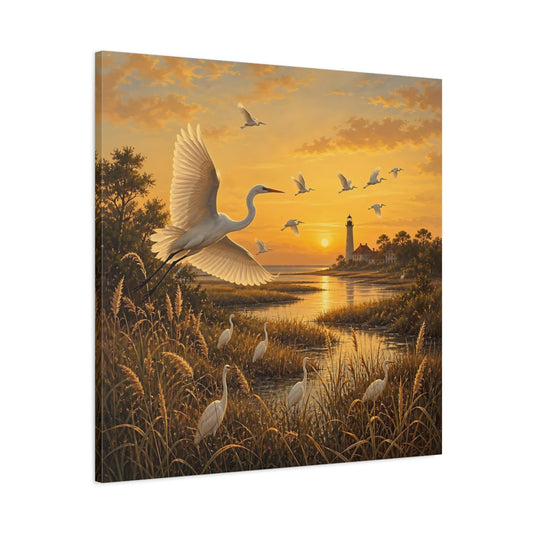 Main Mockup. Birds Egrets Egrets At Sunset shown as stretched canvas wall art
