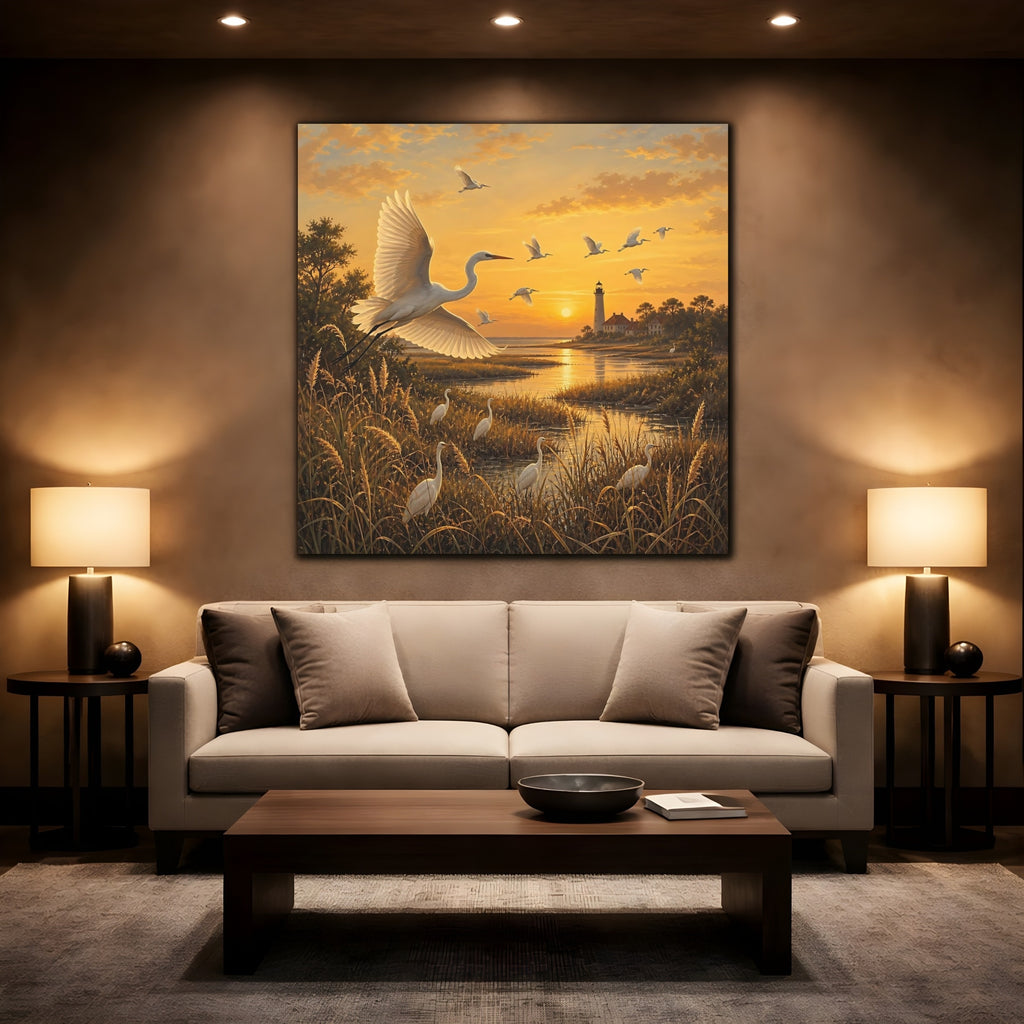 Mockup 2. Birds Egrets Egrets At Sunset shown as stretched canvas wall art