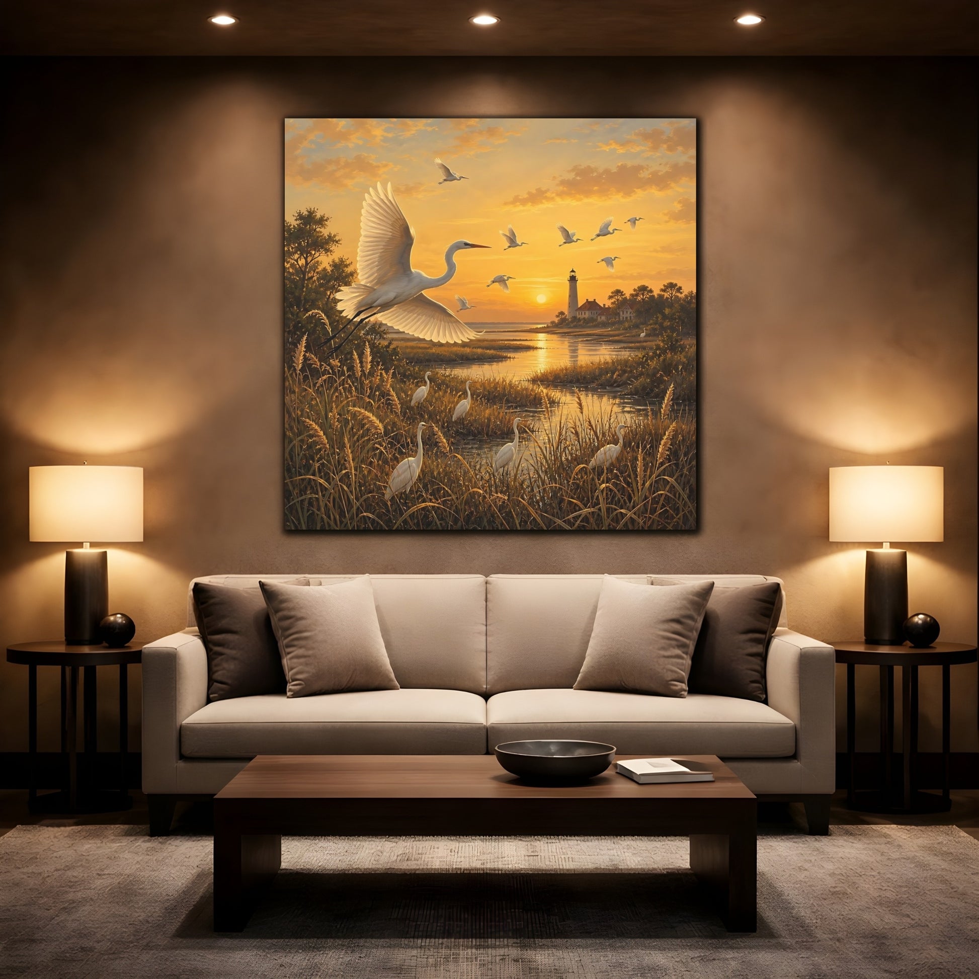 Mockup 2. Birds Egrets Egrets At Sunset shown as stretched canvas wall art