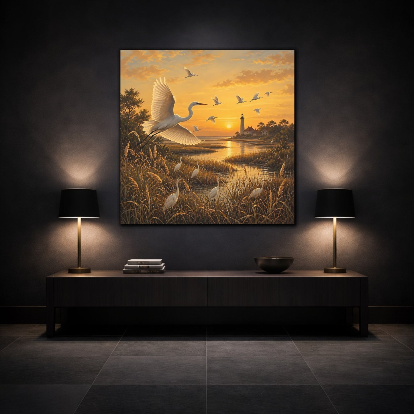 Mockup 3. Birds Egrets Egrets At Sunset shown as stretched canvas wall art