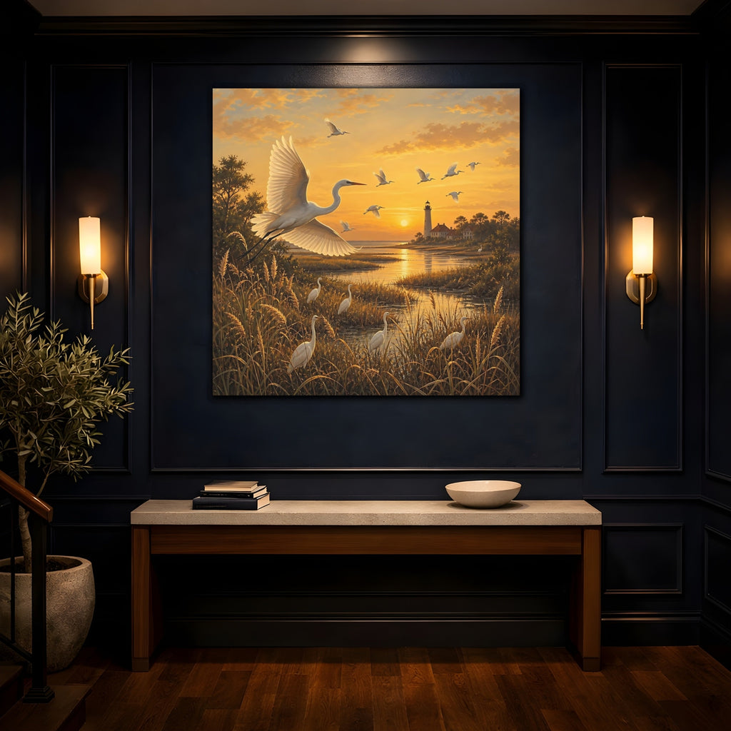 Mockup 4. Birds Egrets Egrets At Sunset shown as stretched canvas wall art