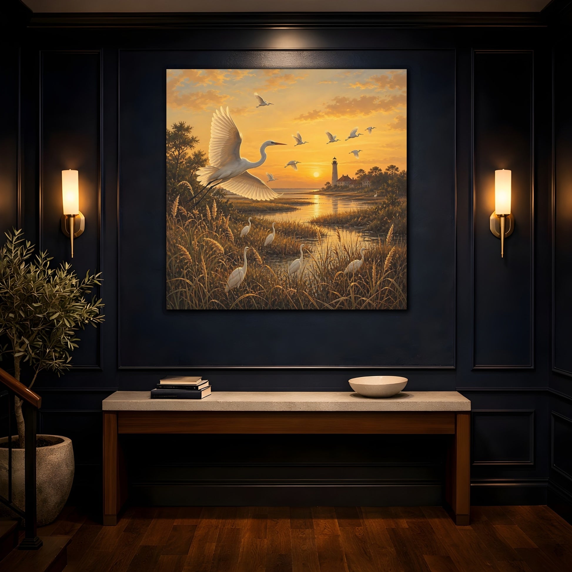 Mockup 4. Birds Egrets Egrets At Sunset shown as stretched canvas wall art