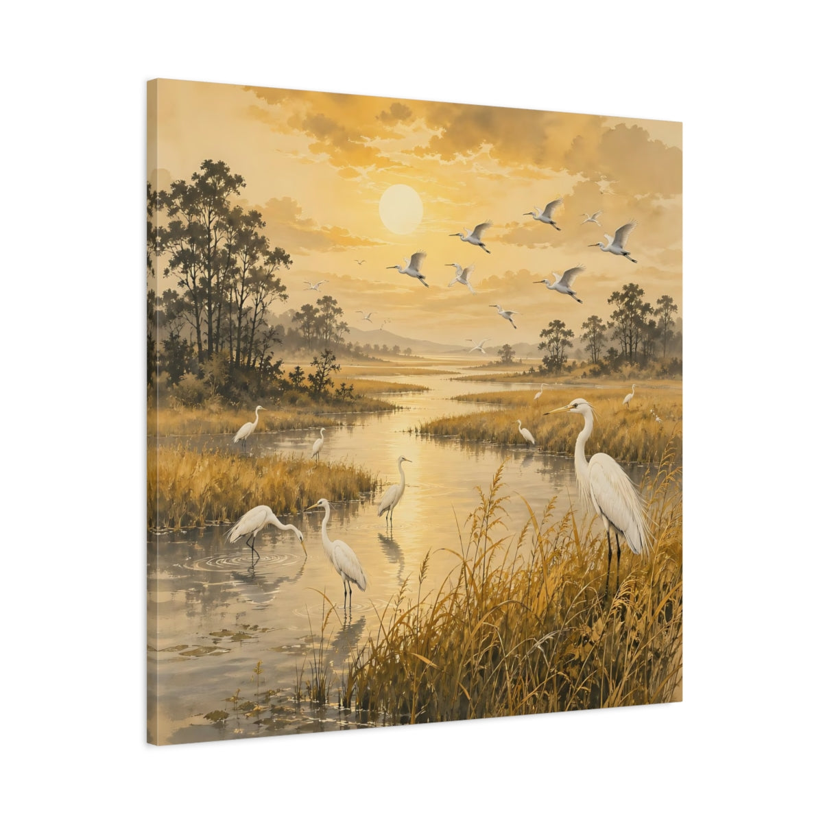 Main Mockup. Birds Egrets Golden Wetlands shown as stretched canvas wall art