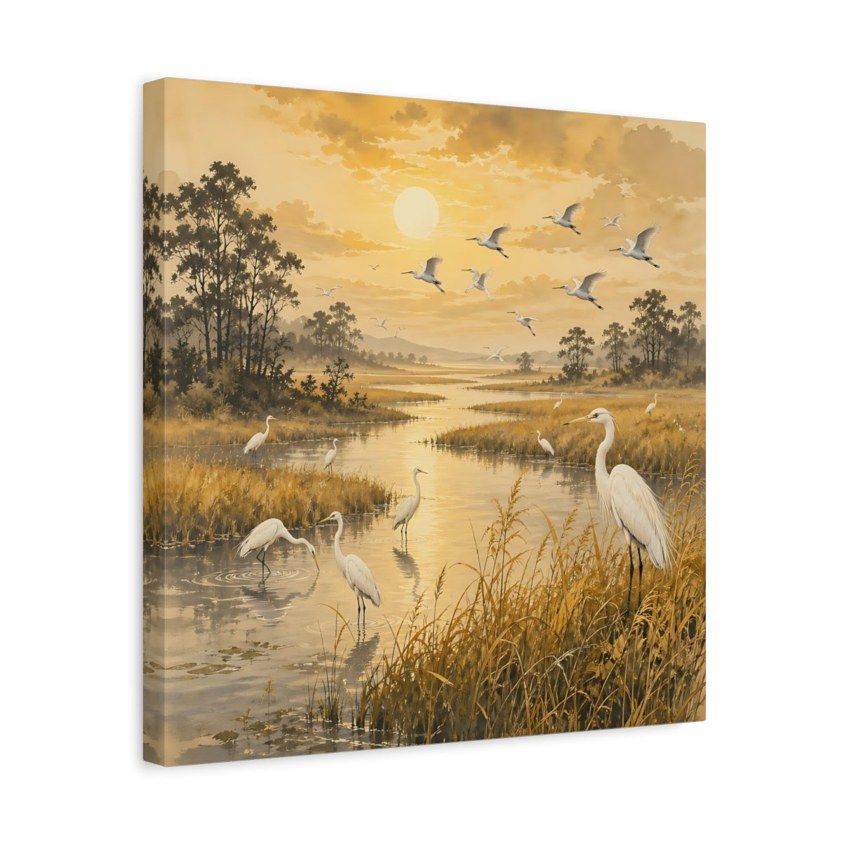 Side Mockup 6. Birds Egrets Golden Wetlands shown as stretched canvas wall art