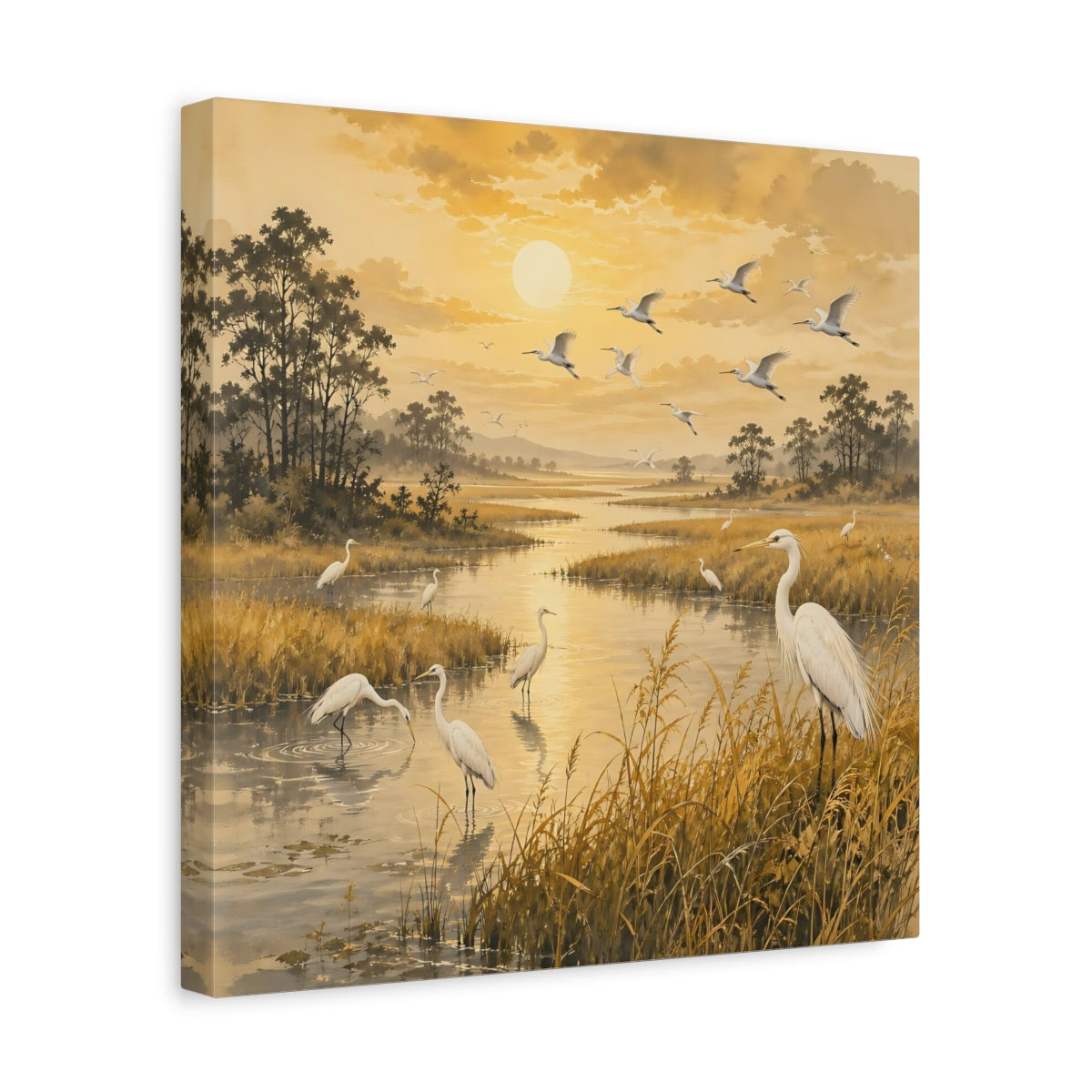 Side Mockup 7. Birds Egrets Golden Wetlands shown as stretched canvas wall art