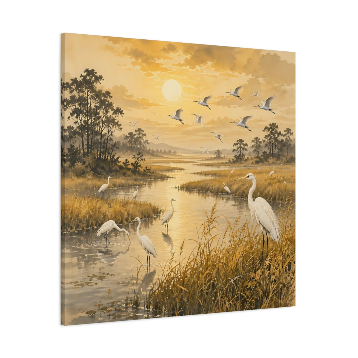 Side Mockup 1. Birds Egrets Golden Wetlands shown as stretched canvas wall art