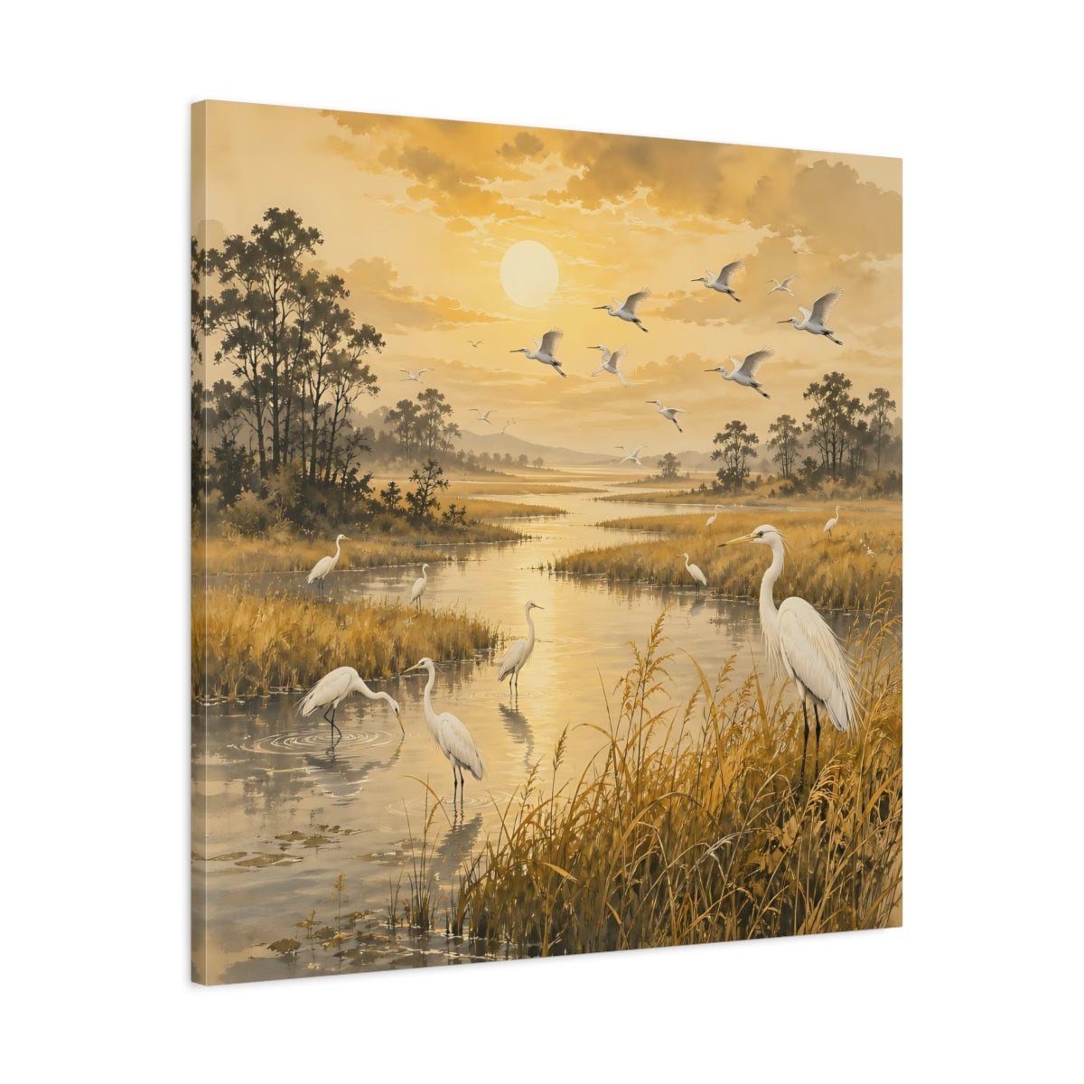 Side Mockup 3. Birds Egrets Golden Wetlands shown as stretched canvas wall art