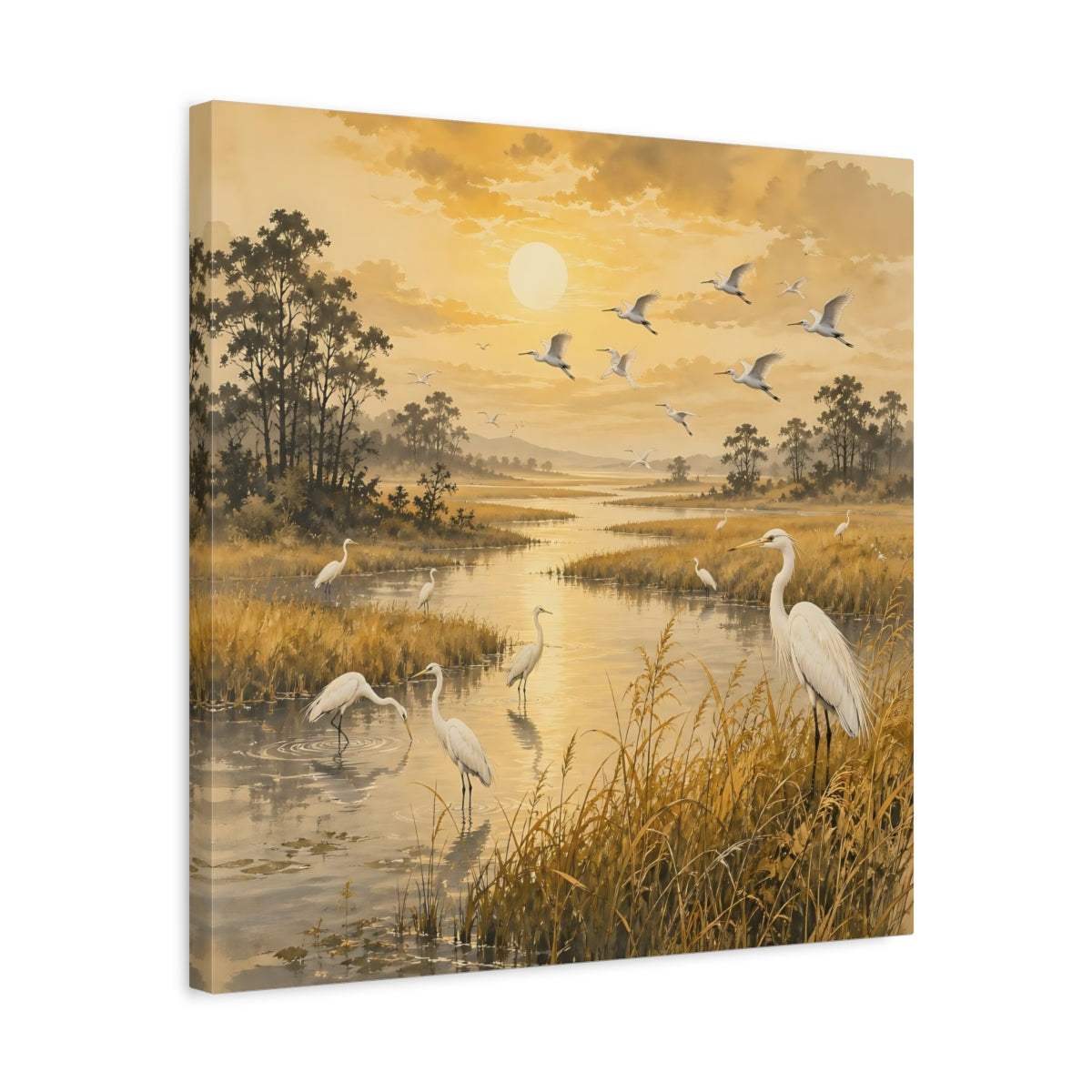 Side Mockup 5. Birds Egrets Golden Wetlands shown as stretched canvas wall art