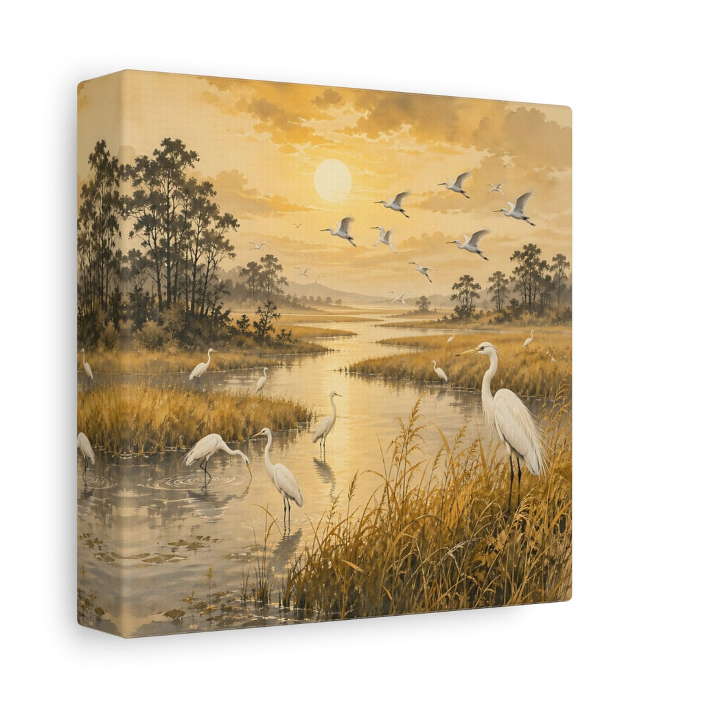 Side Mockup 2. Birds Egrets Golden Wetlands shown as stretched canvas wall art