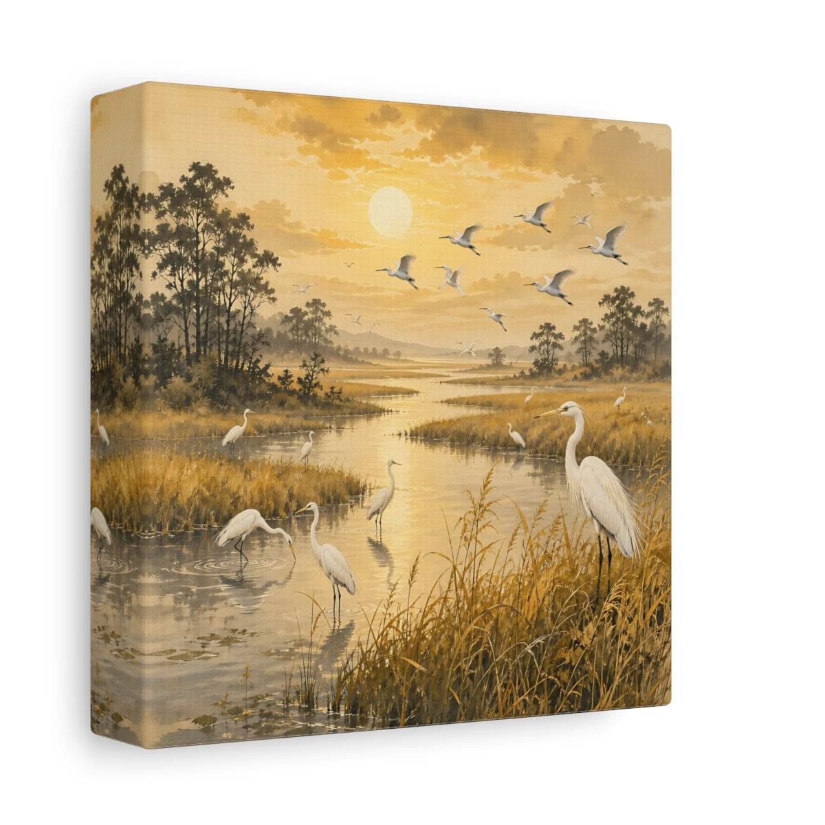 Side Mockup 2. Birds Egrets Golden Wetlands shown as stretched canvas wall art