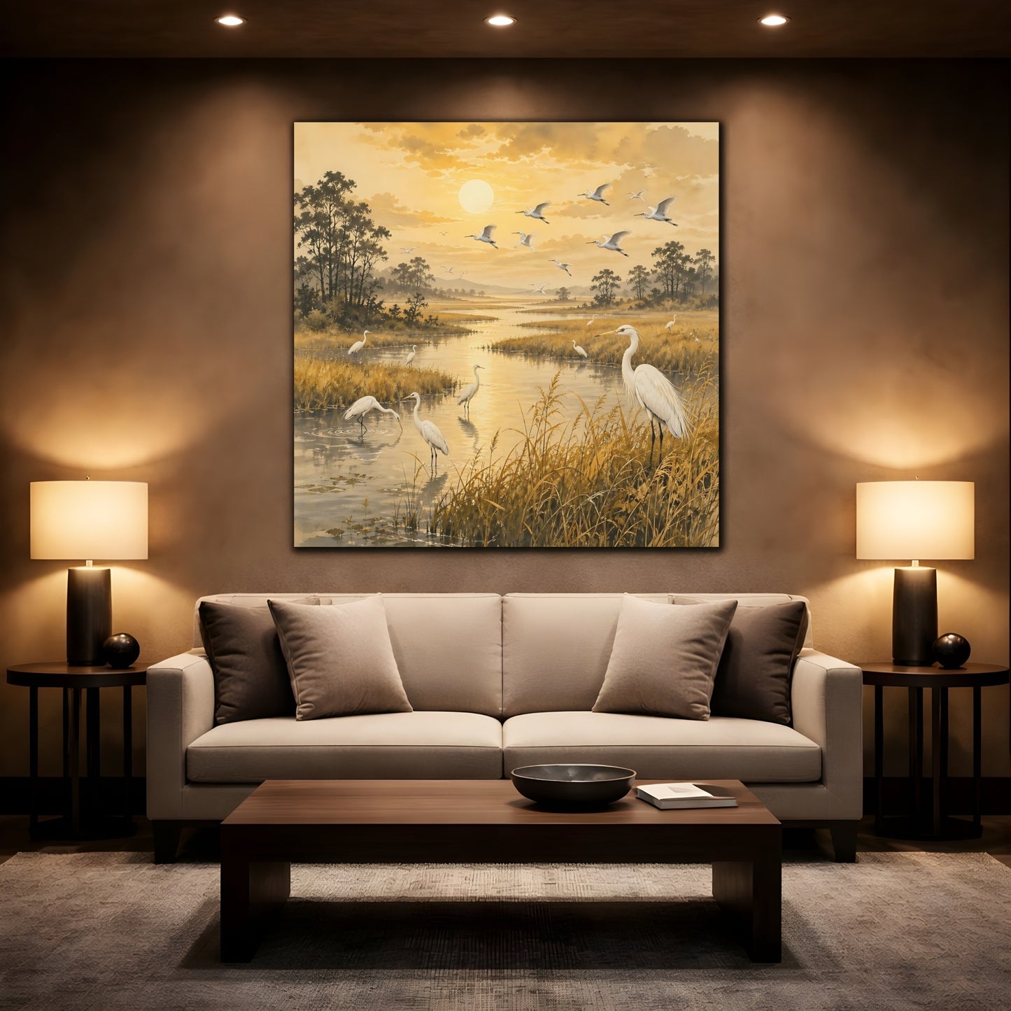 Mockup 2. Birds Egrets Golden Wetlands shown as stretched canvas wall art