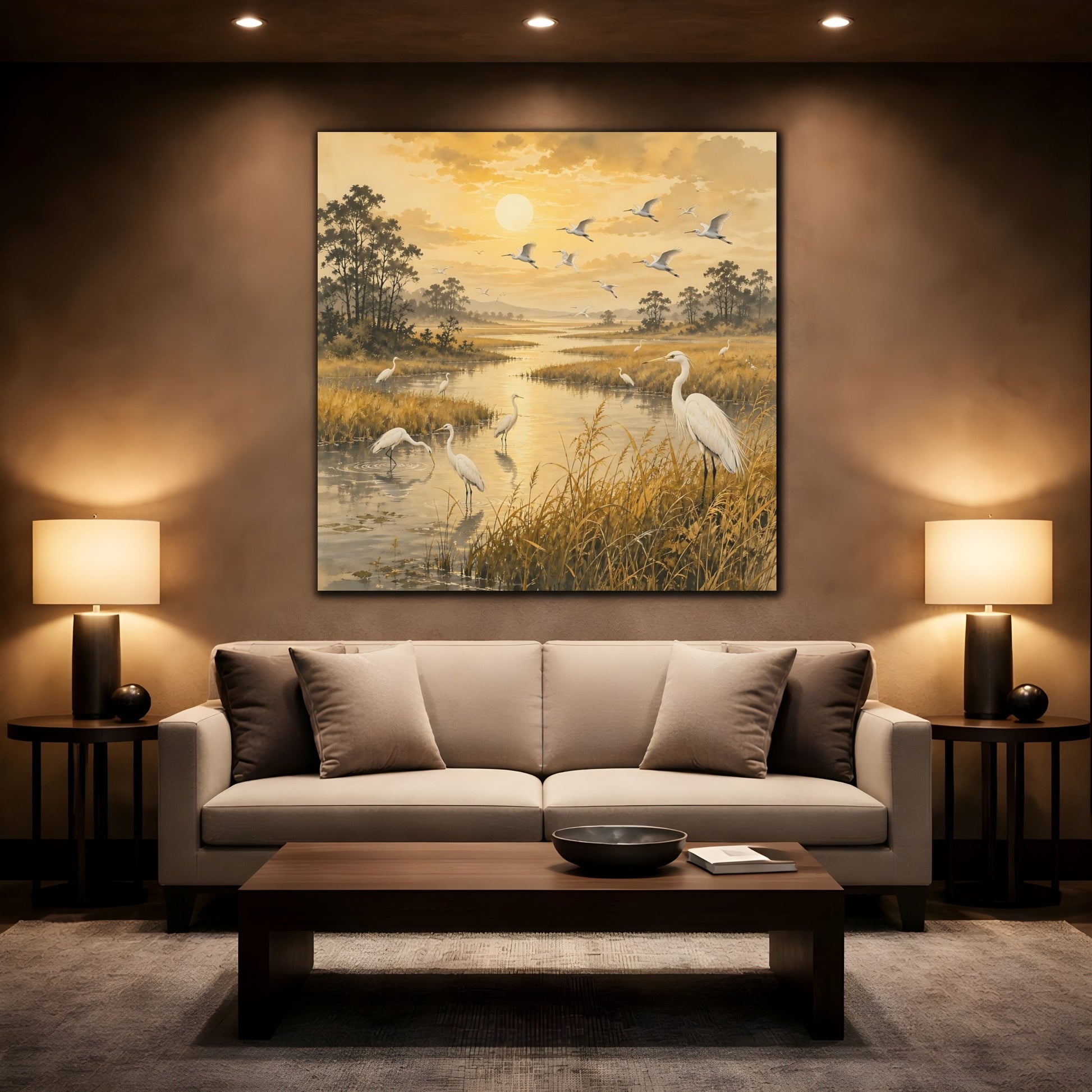 Mockup 2. Birds Egrets Golden Wetlands shown as stretched canvas wall art