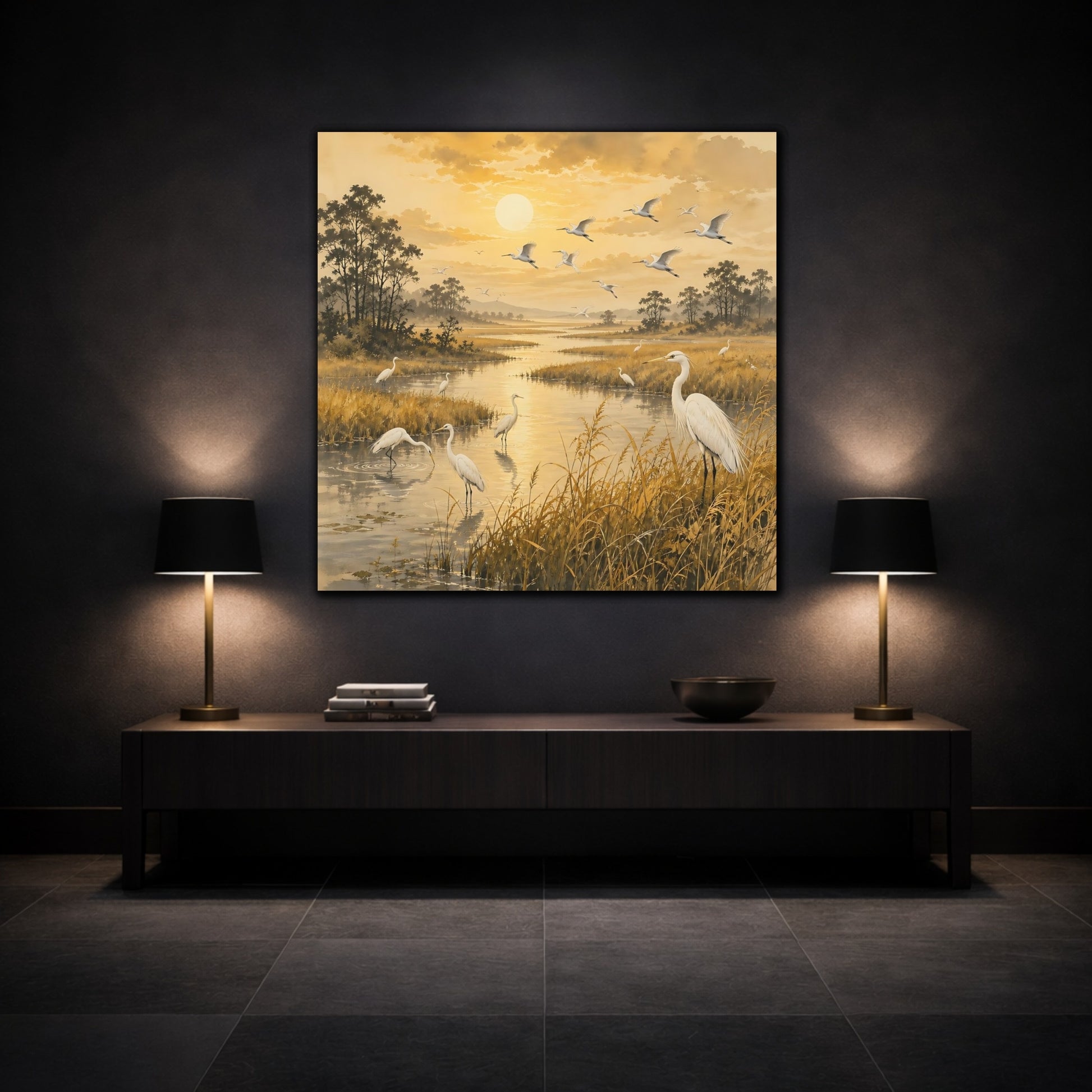 Mockup 3. Birds Egrets Golden Wetlands shown as stretched canvas wall art