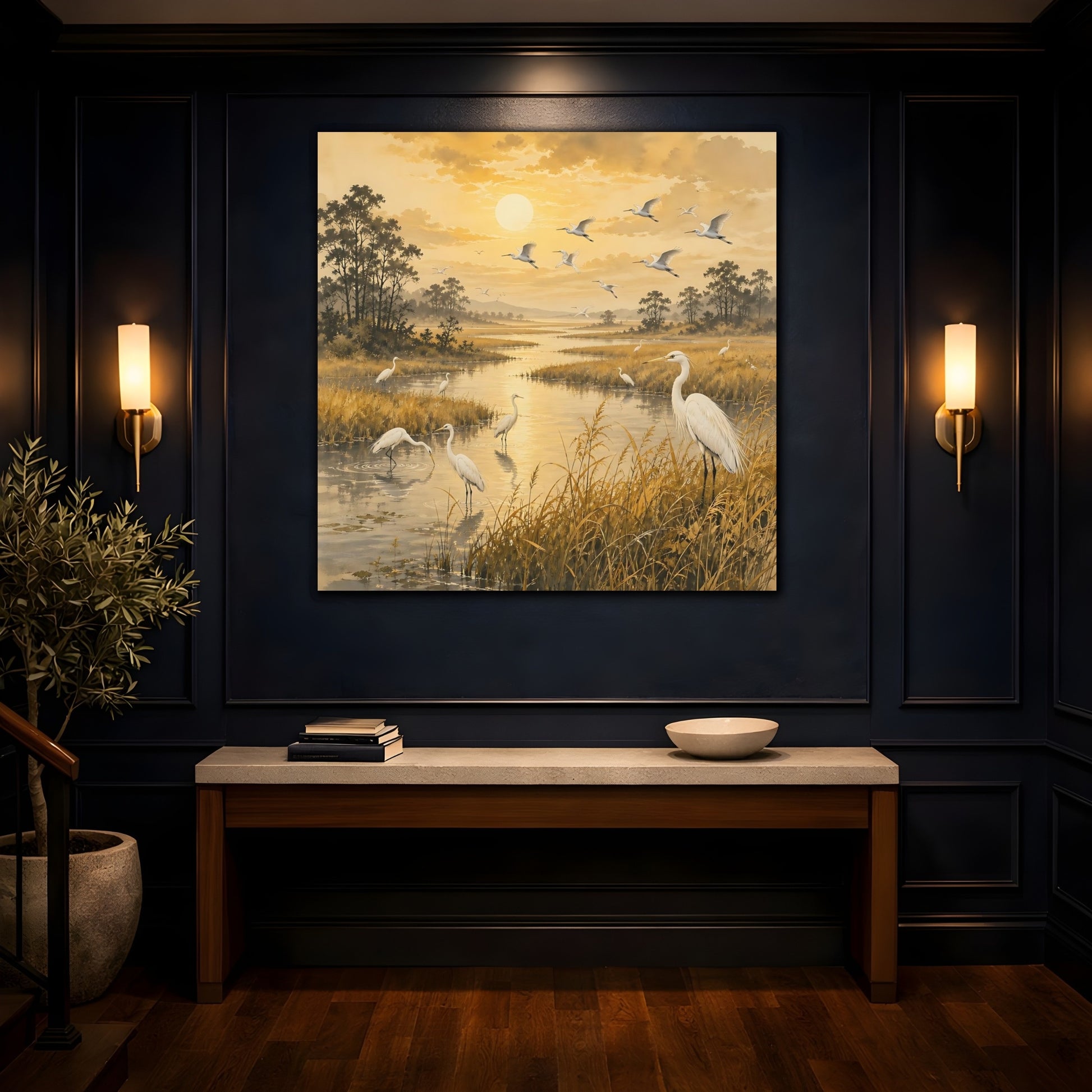 Mockup 4. Birds Egrets Golden Wetlands shown as stretched canvas wall art