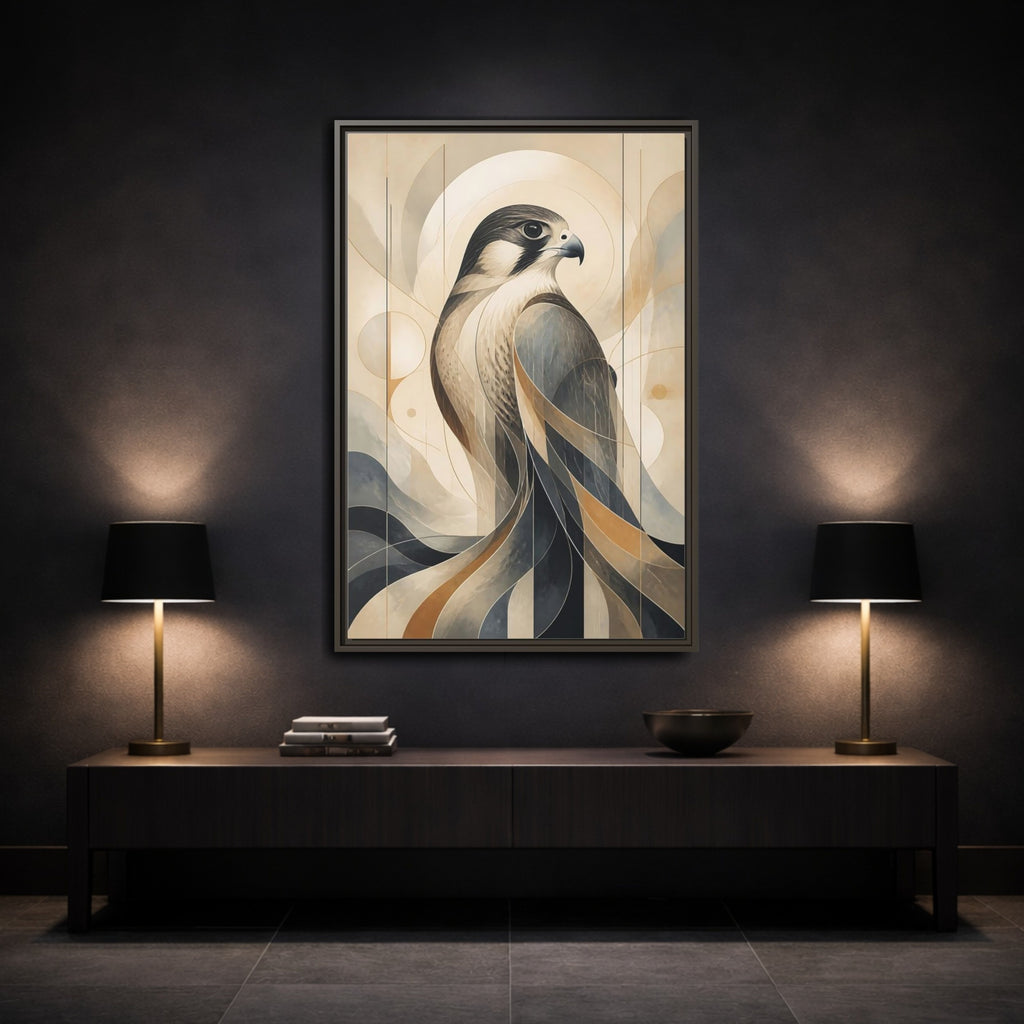 Mockup 3. Birds Falcon Beige And Blue shown as stretched canvas wall art