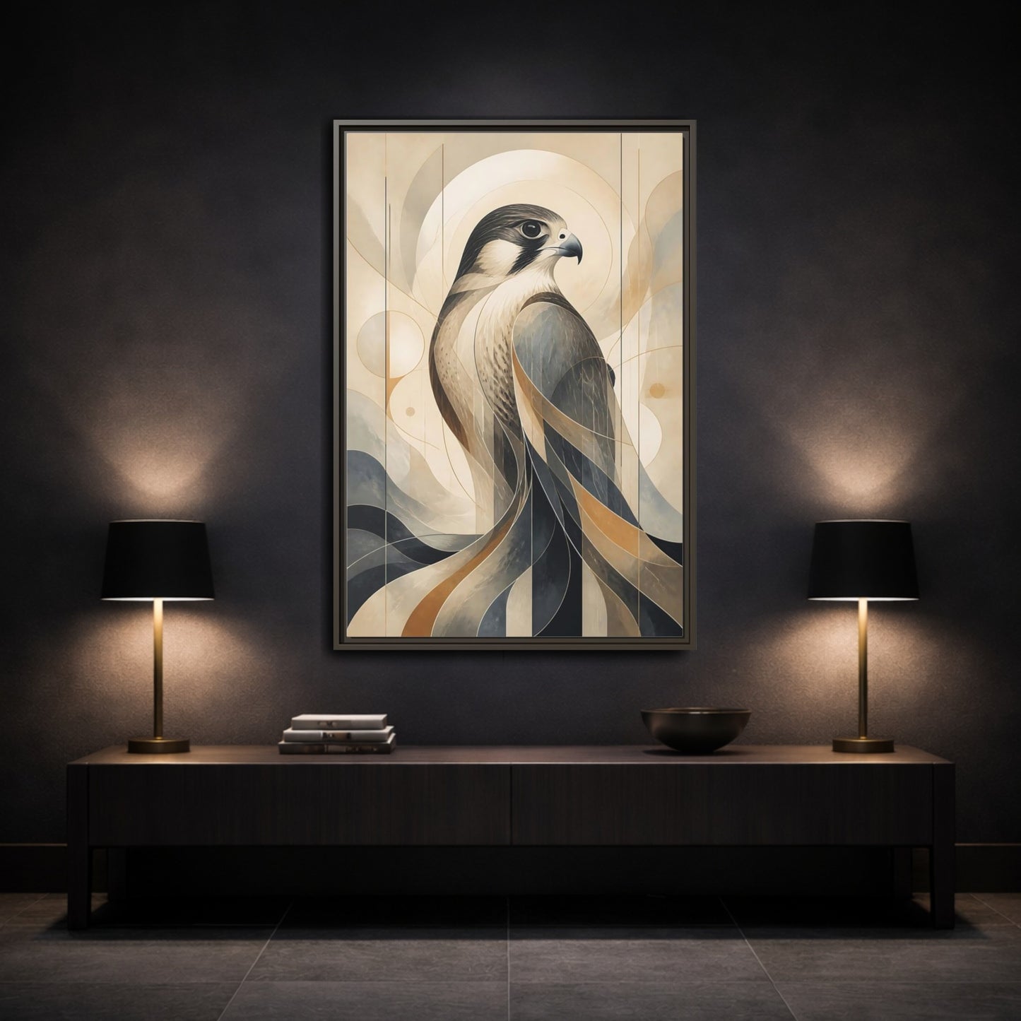 Mockup 3. Birds Falcon Beige And Blue shown as stretched canvas wall art