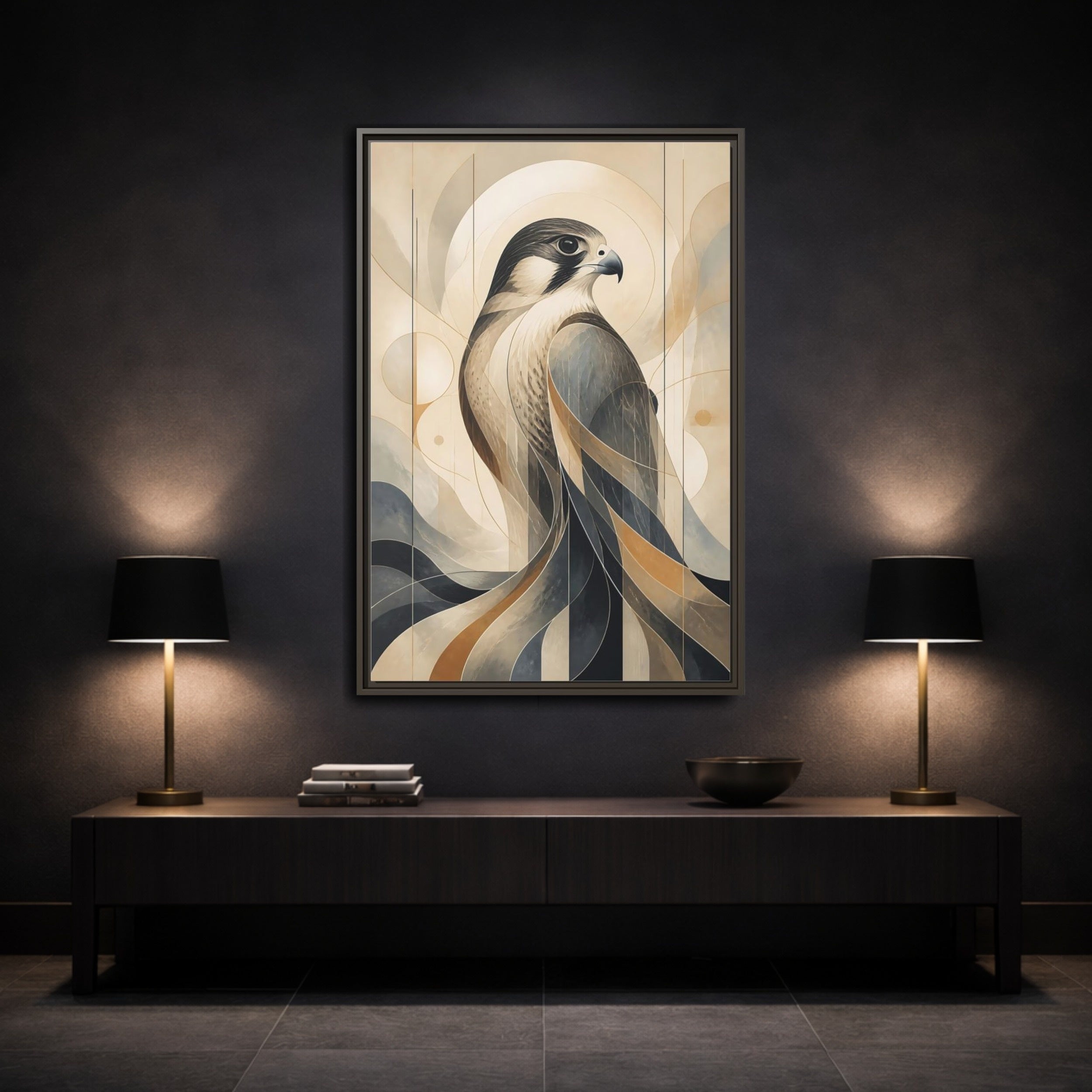 Mockup 3. Birds Falcon Beige And Blue shown as stretched canvas wall art