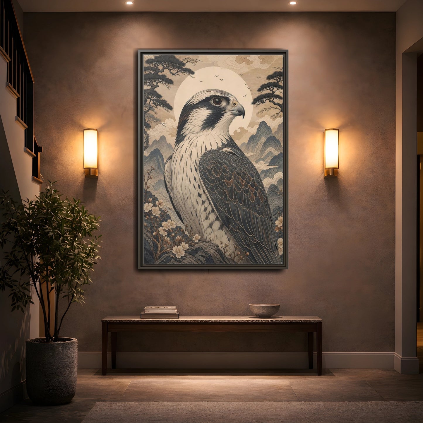 Mockup 2. Birds Falcon Ukiyo-E Falcon shown as stretched canvas wall art