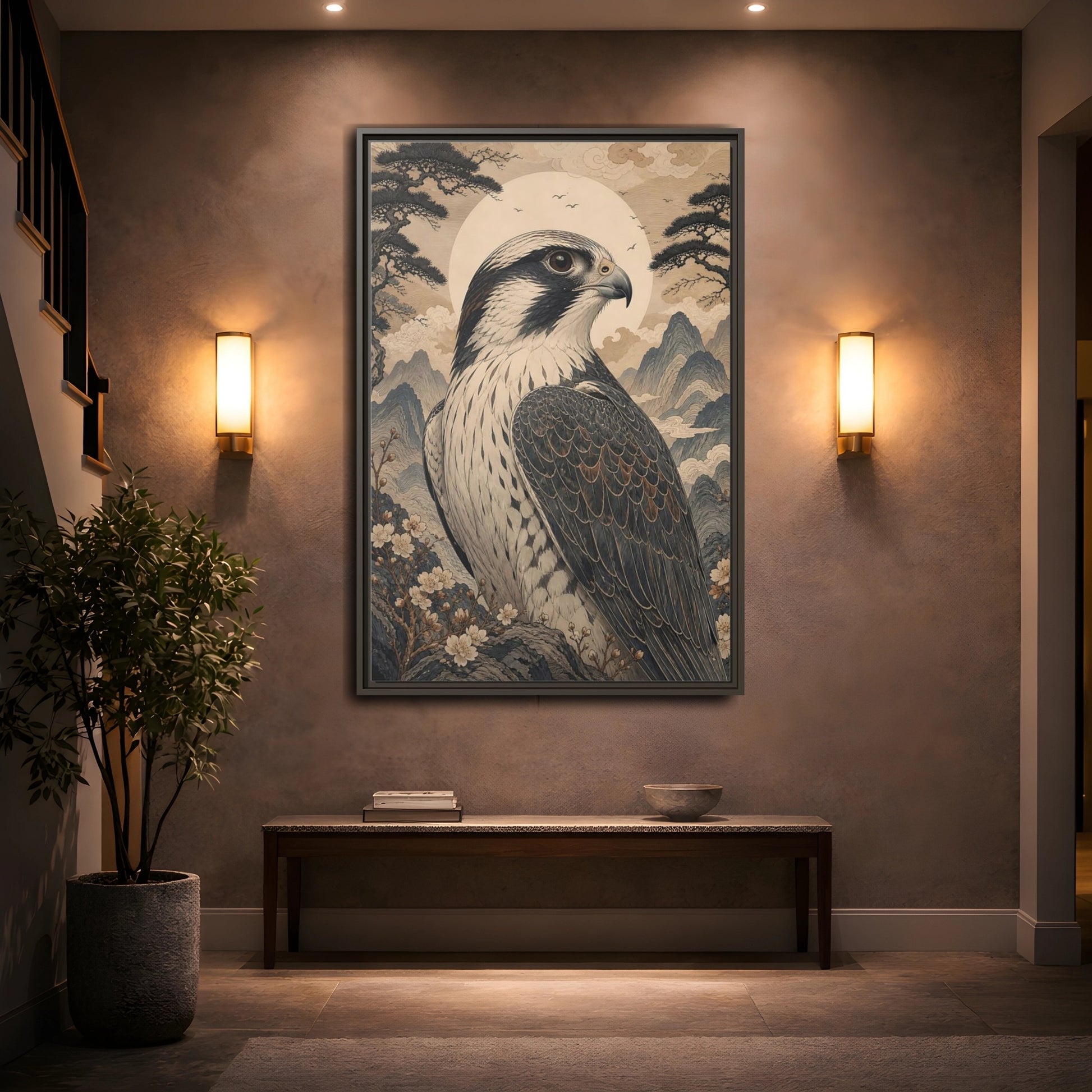 Mockup 2. Birds Falcon Ukiyo-E Falcon shown as stretched canvas wall art