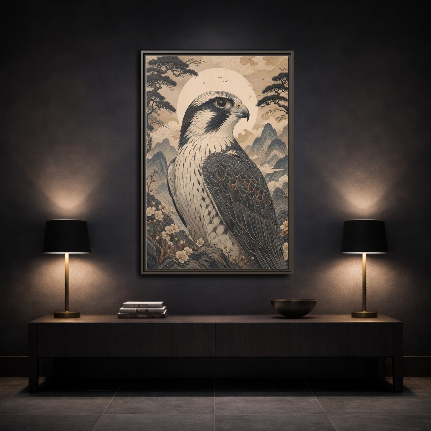 Mockup 3. Birds Falcon Ukiyo-E Falcon shown as stretched canvas wall art