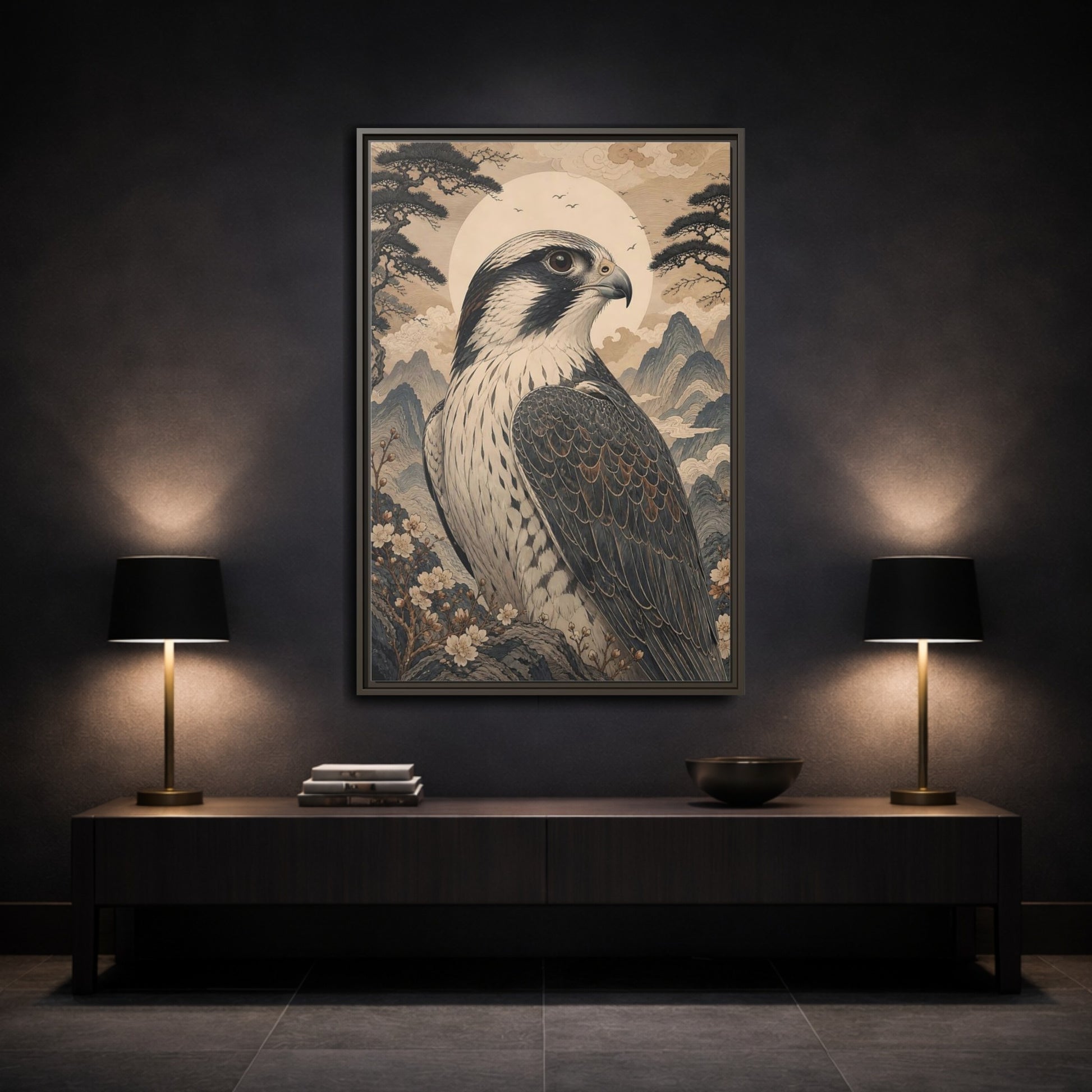 Mockup 3. Birds Falcon Ukiyo-E Falcon shown as stretched canvas wall art