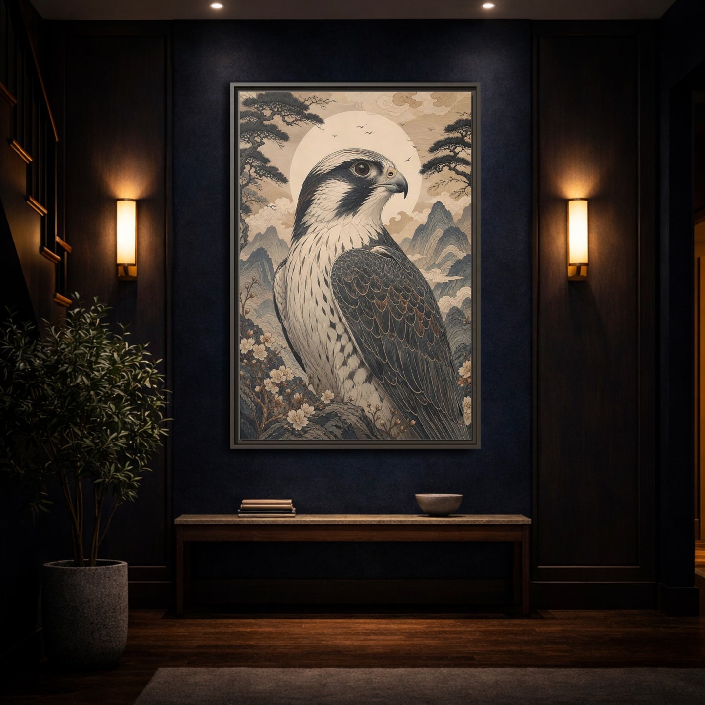 Mockup 4. Birds Falcon Ukiyo-E Falcon shown as stretched canvas wall art